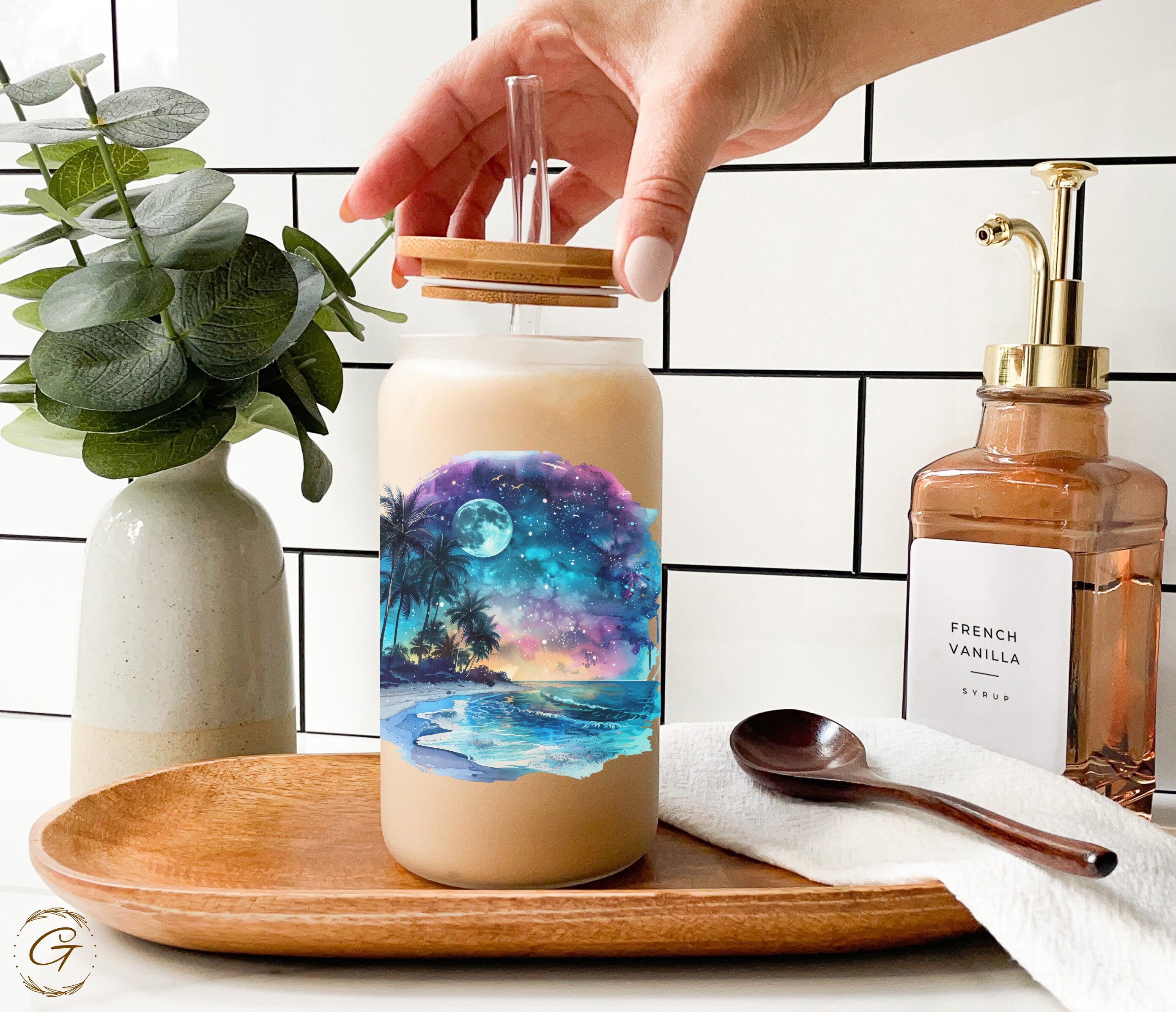 Tropical Night Beach Scene Personalized 16-oz Frosted Glass Cup