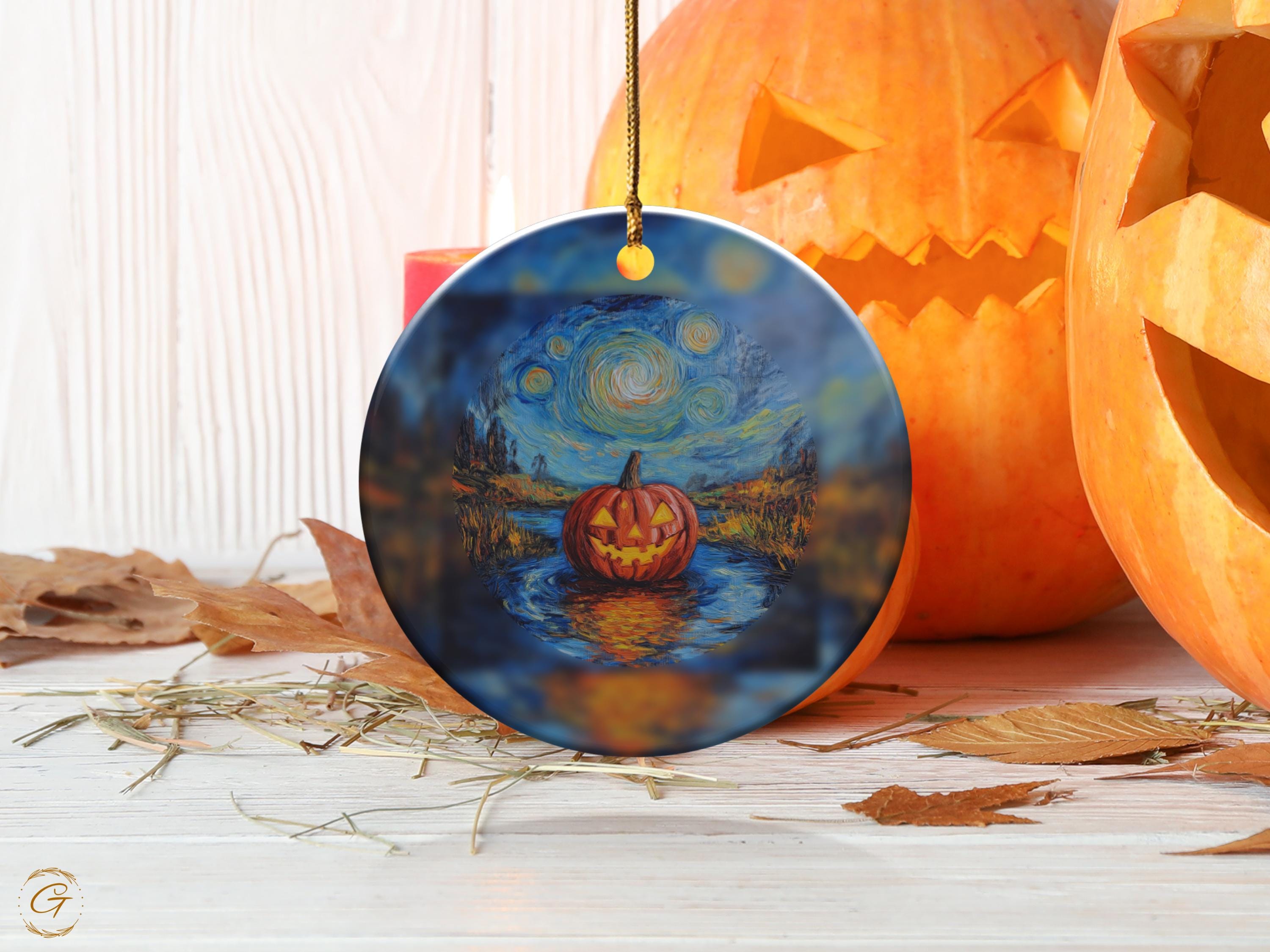 Halloween Pumpkin Ornament, Starry Night Design, Unique Holiday Decoration, Hand-painted Pumpkin Art Ornament Halloween Ornament Decoration