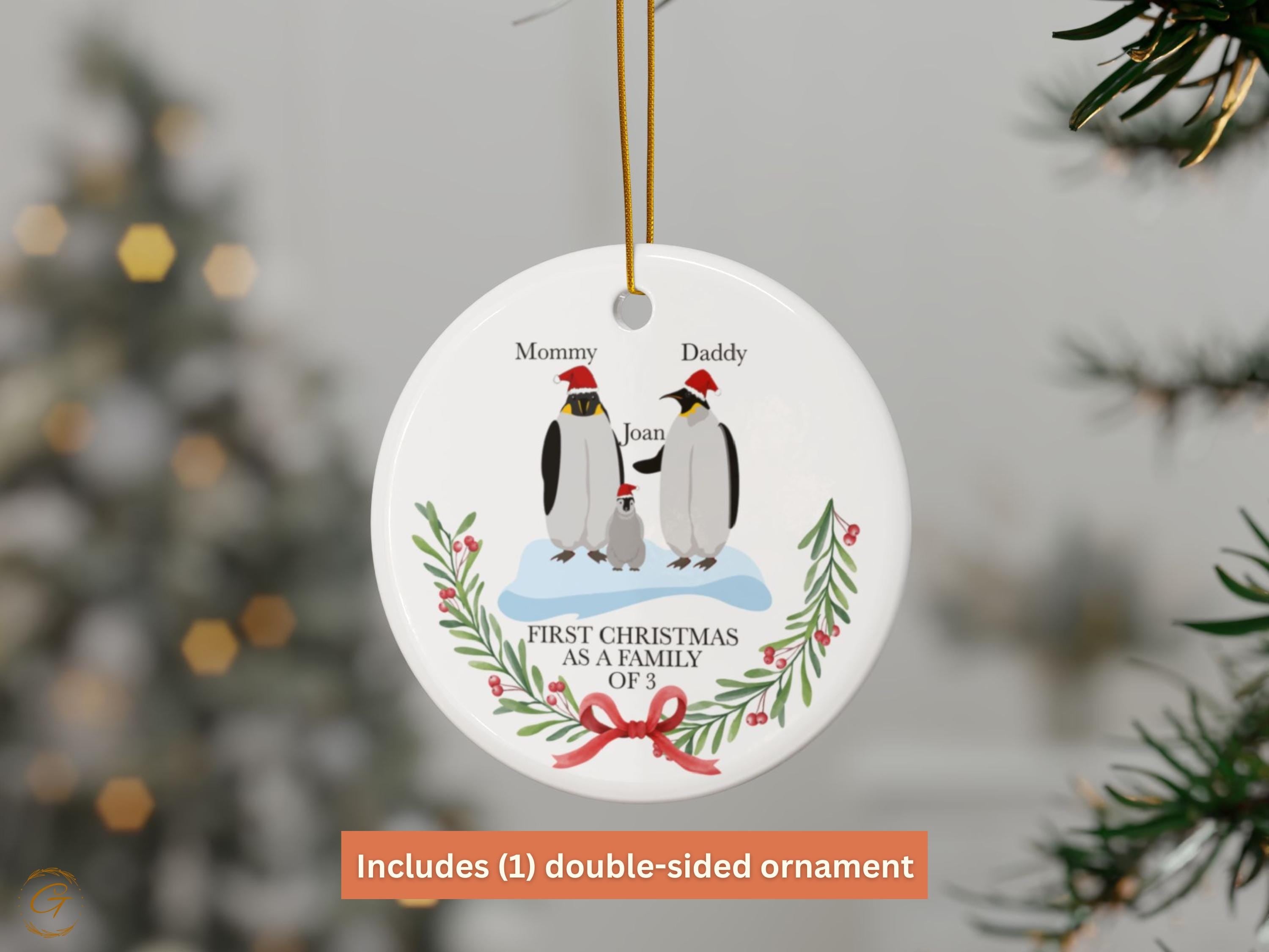 Personalized Family Christmas Ornament, First Christmas as a Family of 3 Ornaments, Penguin Family Holiday Decoration, Custom Names Penguins