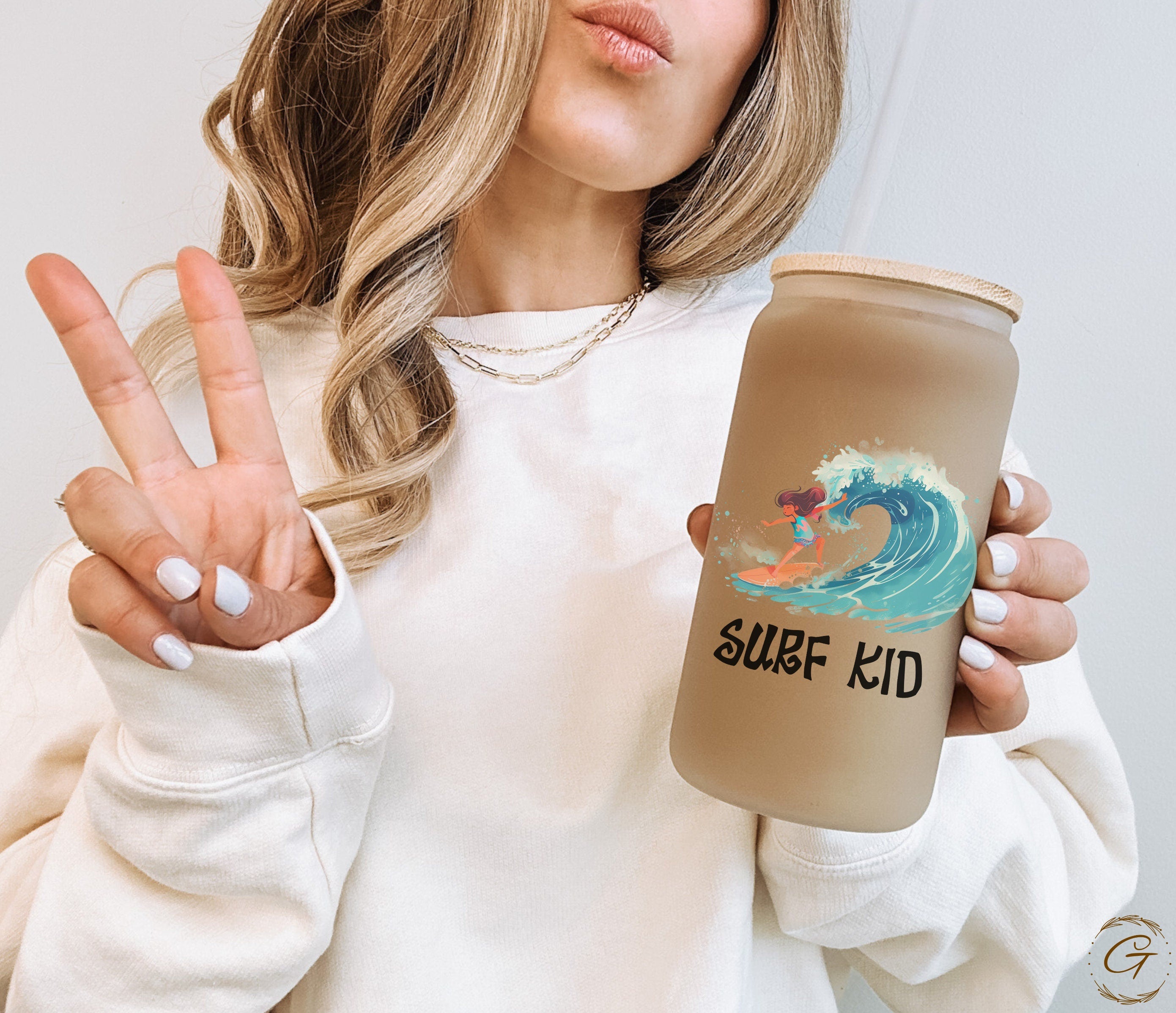 Surf Kid Big Wave Design Frosted Glass Cup