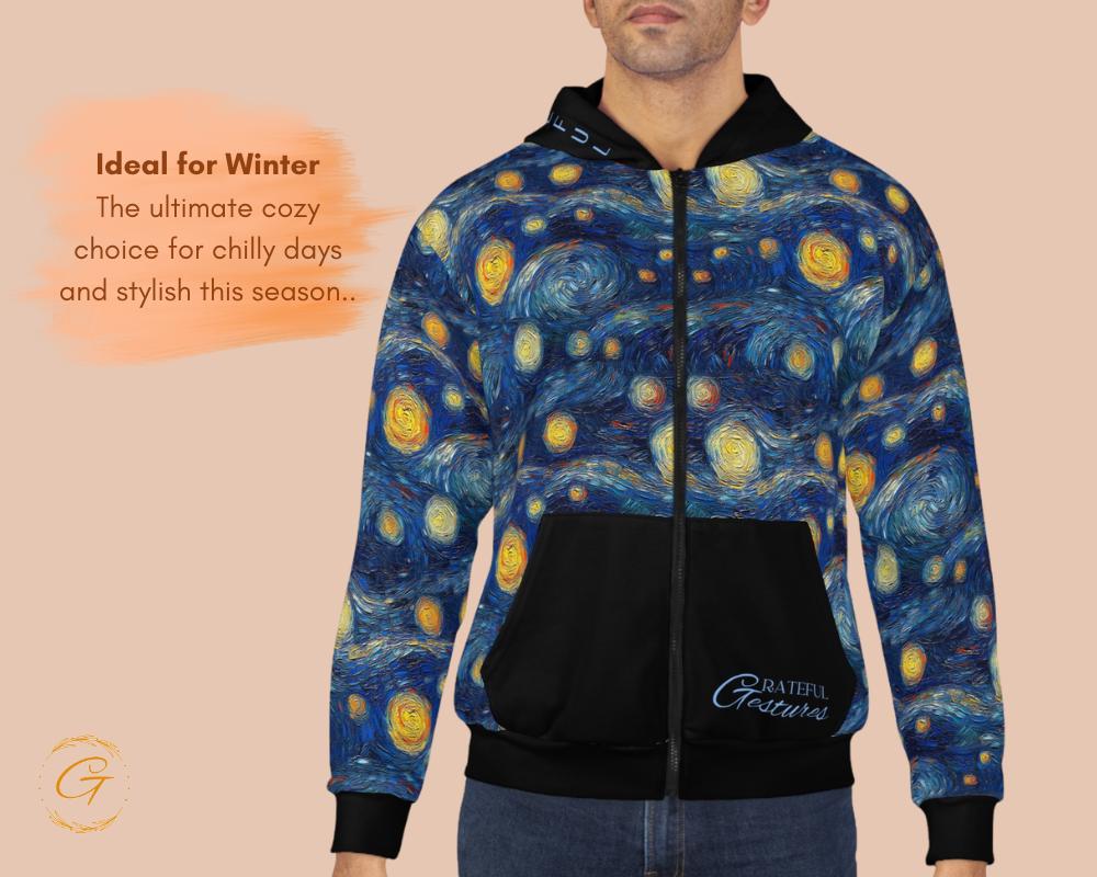 Starry Night Unisex Zip Hoodie All-Over Print Van Gogh Inspired Sweatshirt