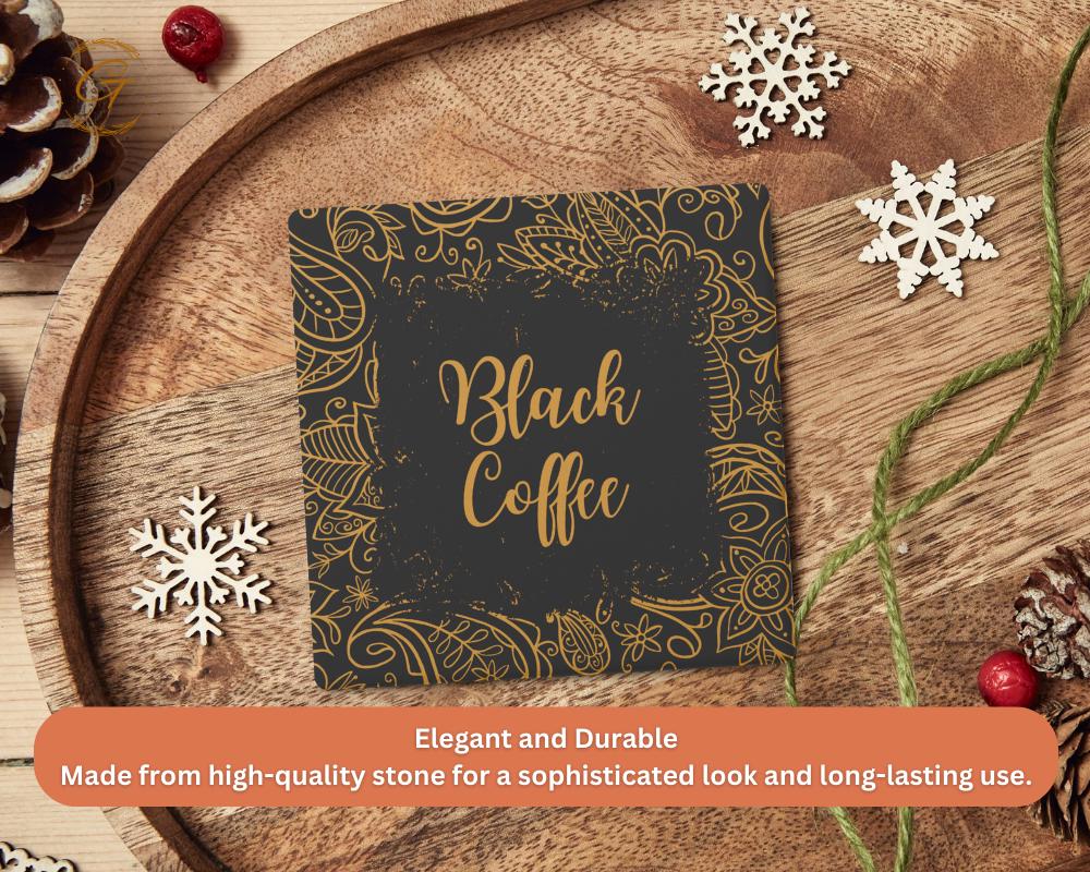 Soapstone Coaster with Black Coffee Ornate Design