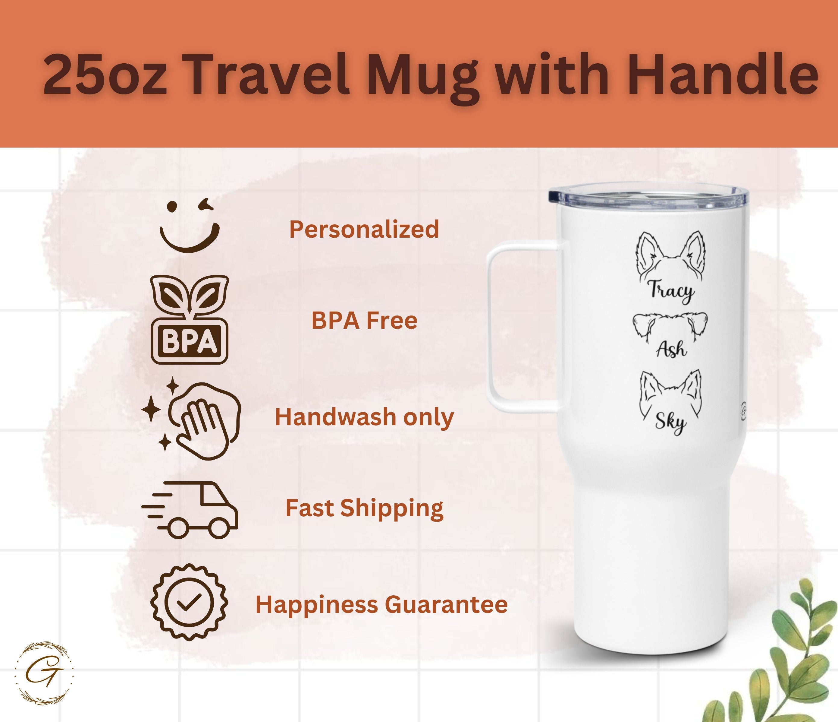 Personalized Dog Ears & Name 25-oz Travel Mug, Custom Coffee Mug with Handle, Perfect for Pet Lovers Great Gifts, Handled Mug for Pet Lovers