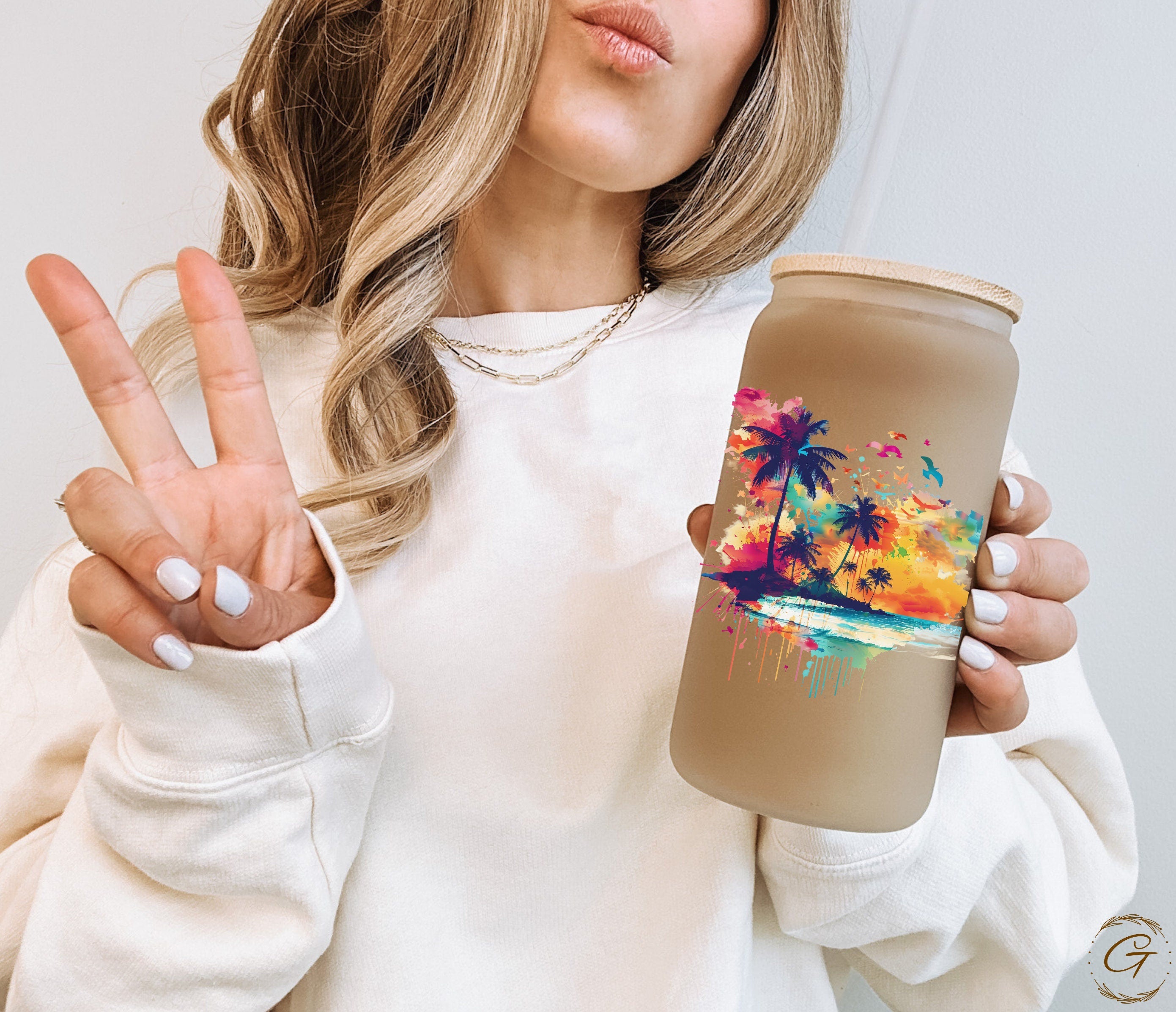 Tropical Beach Sunset Art Summer 2024 Colorful Palm Trees Print Frosted Glass Cup