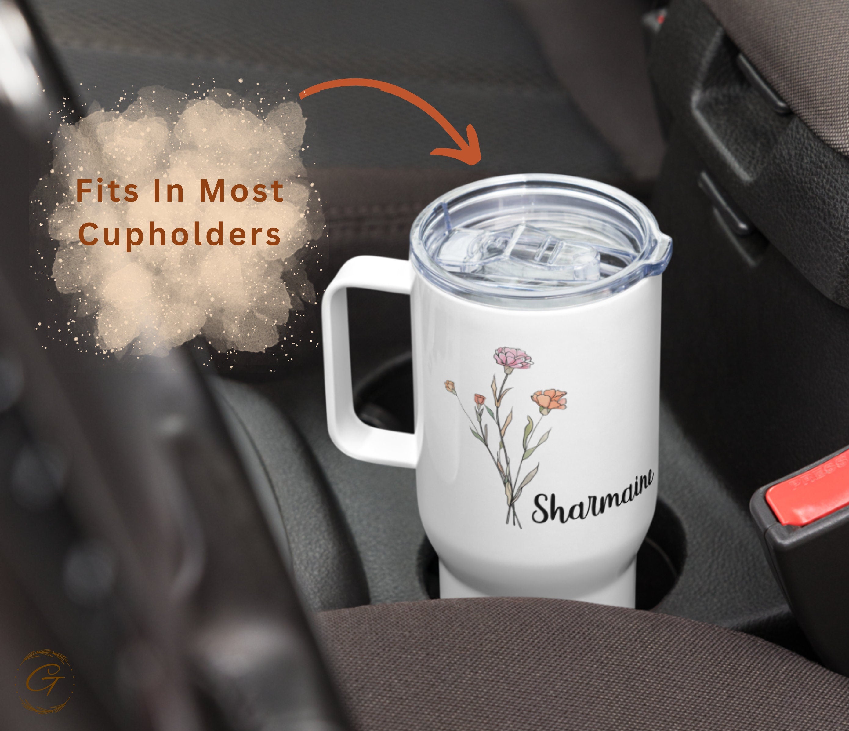 Personalized Birth Flower & Name 25 oz Travel Mug with Handle - Custom Floral Unique Mother's Day Gift Bridesmaid Gift and For Coffee Lovers