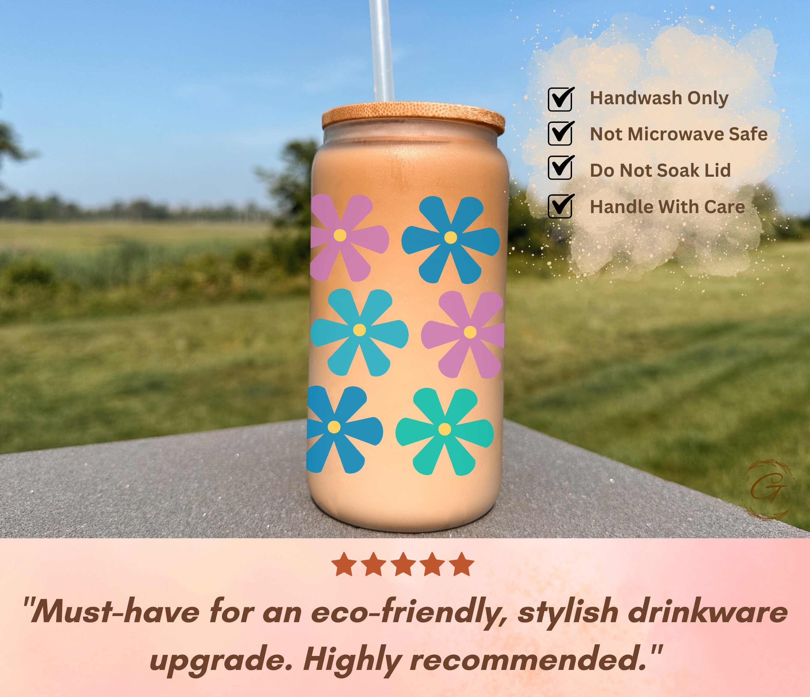 Daisy Flowers Frosted Libbey Glass 16oz Floral Print Iced Coffee Glass, Perfect for Summer Beverage, Birthday Gift for Her, Best Friend Gift