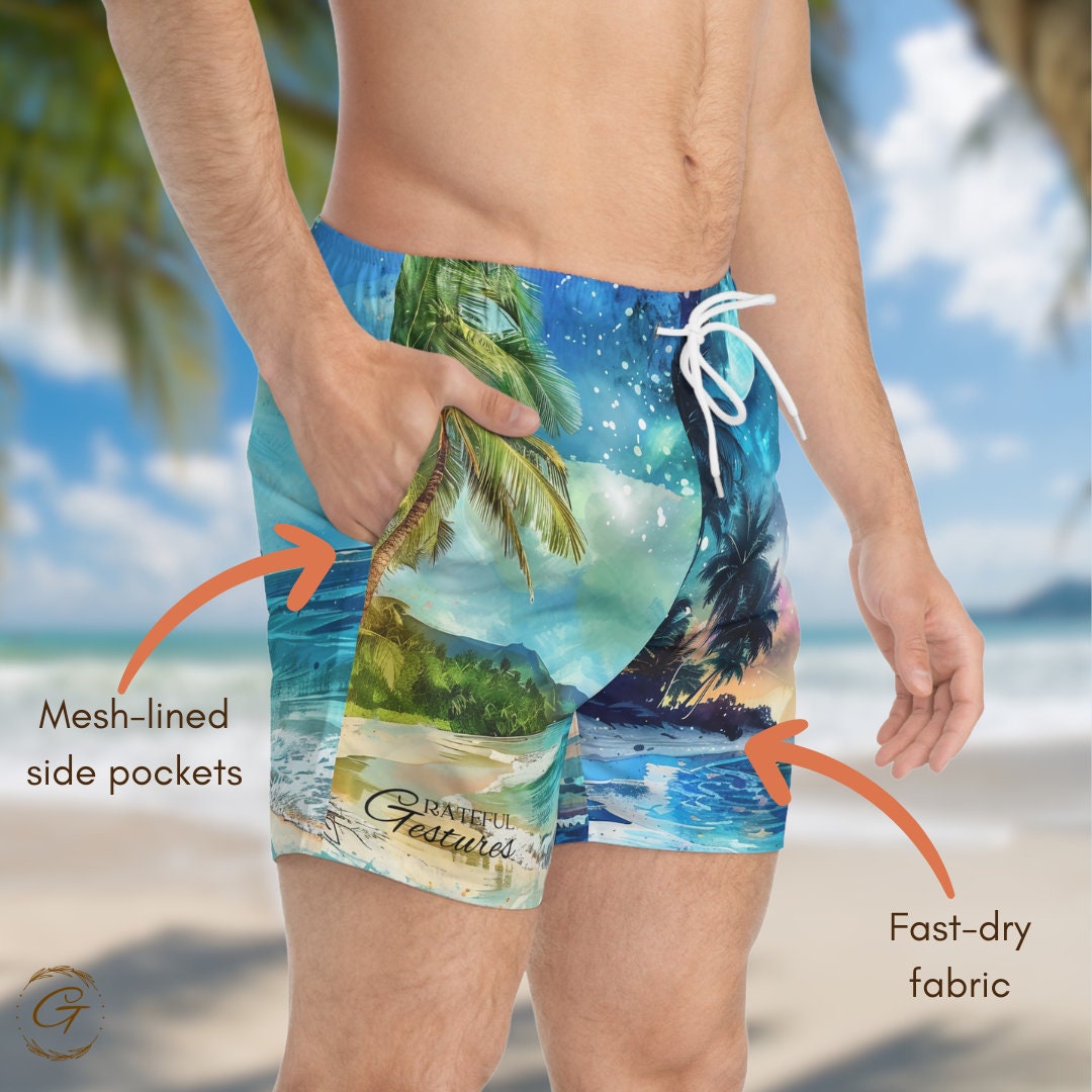 Tropical Beach Swim Shorts, Colorful AOP Design, Perfect for Summer Fun, Beachwear Gift, Tropical Beach Design, Perfect Idea for Summer Gift