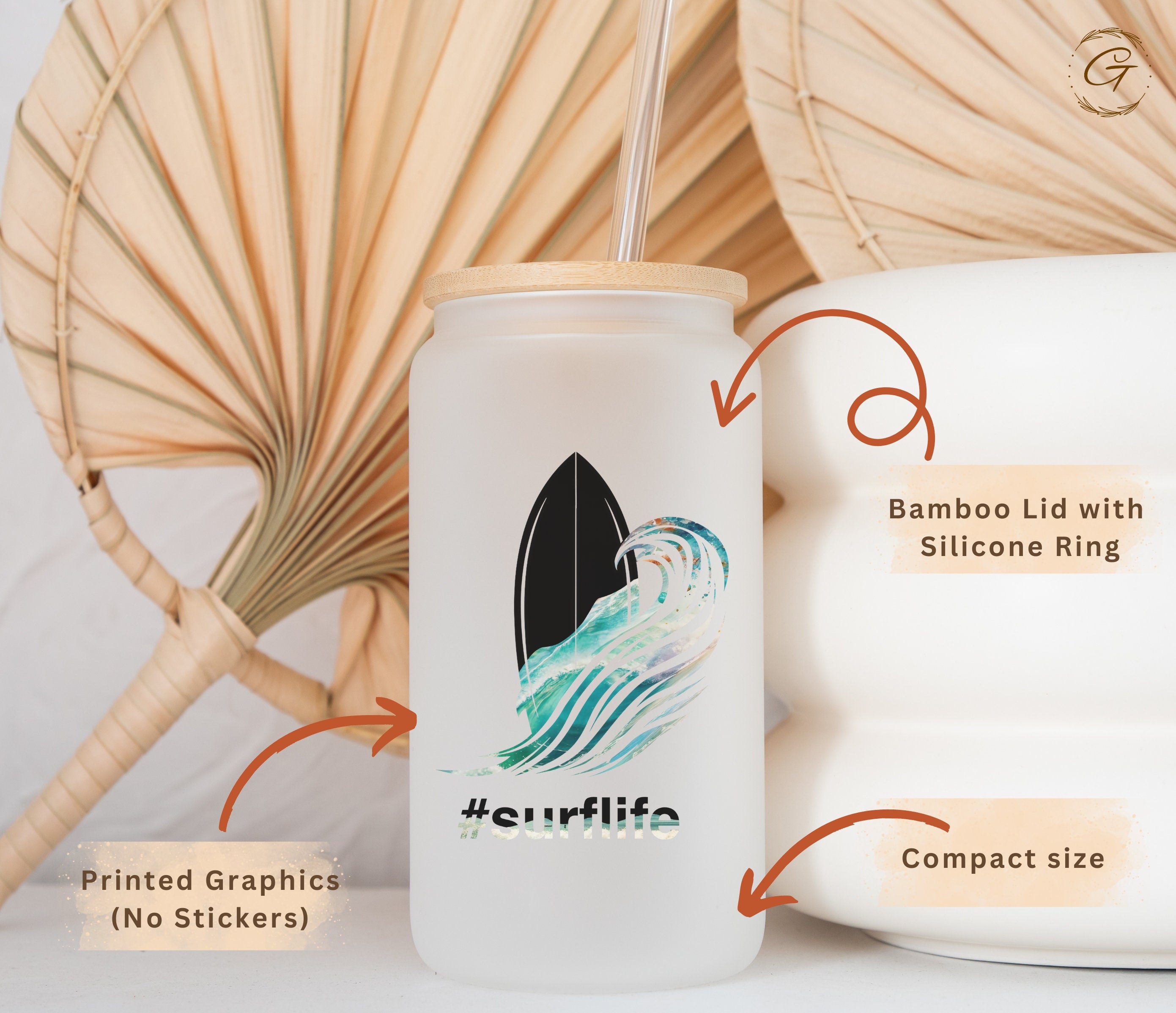Surf Life Design Frosted Glass Cup, Personalized Beach Waves Libbey Cup