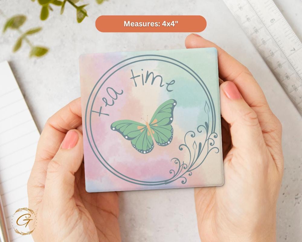 Elegant Square Stone Coasters with Tea Time & Butterfly Design