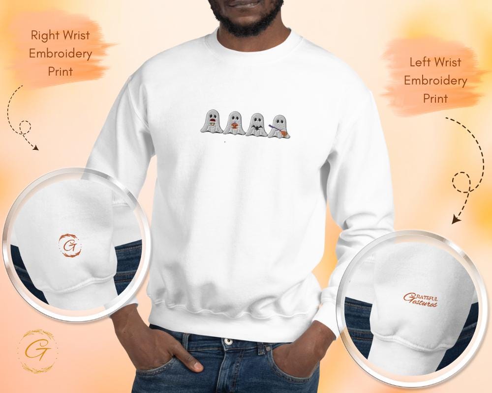 Halloween Sweatshirt, Four Boos Embroidery Design Crewneck, Spooky Season Pullover, Casual Sweater, Ghost Long-Sleeve Top,Spooky Warm-Up Top