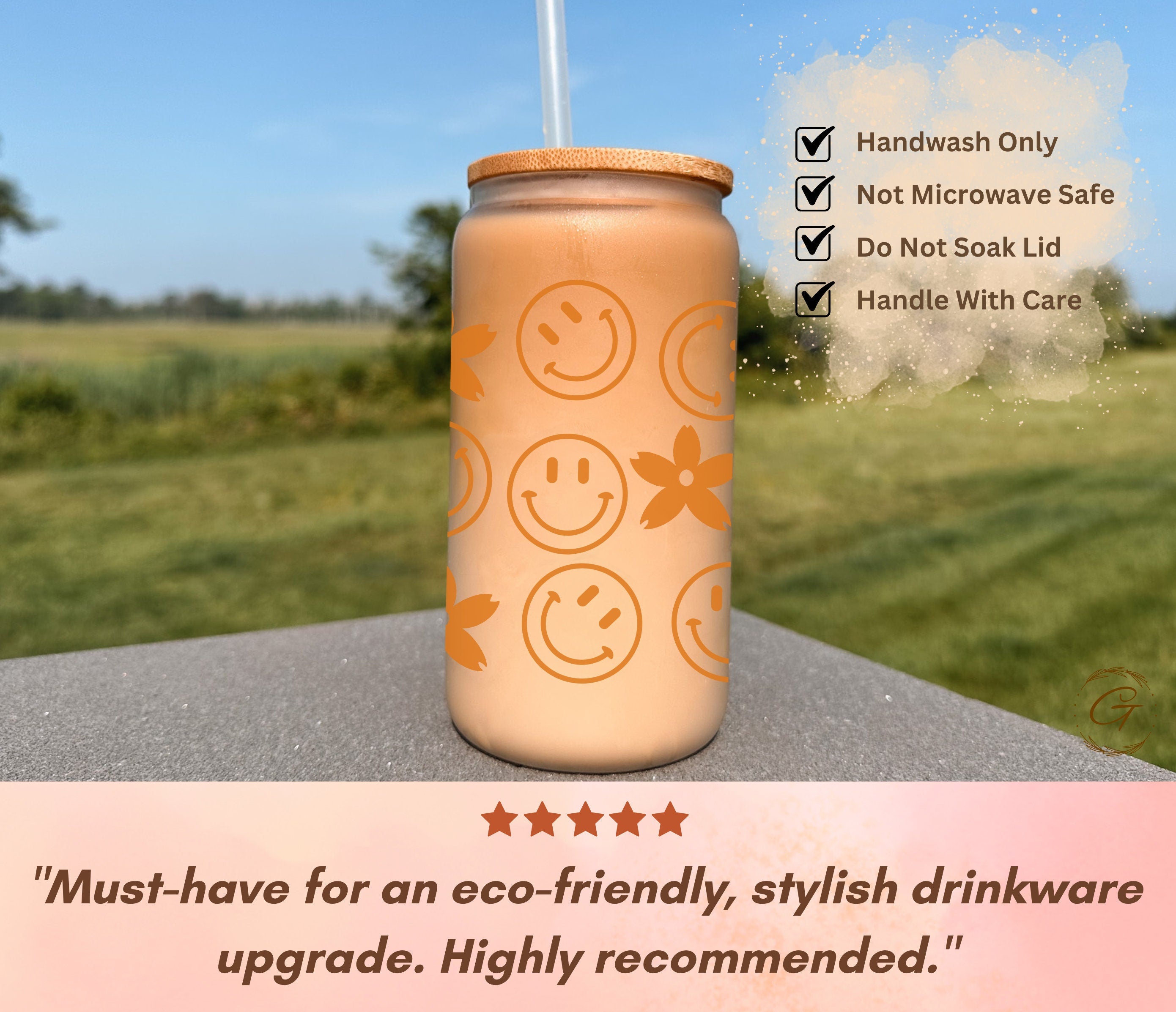 Trendy 16-oz Frosted Libbey Glass Cup with All-Over Smiley Floral Icons – Perfect for Drinks, Gifts For Her, Customizable Options Available