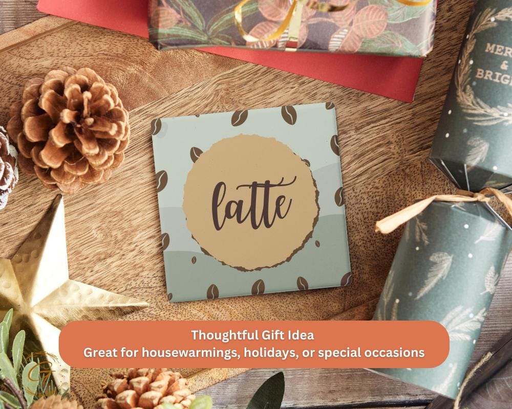 Soapstone Coaster with Latte with Coffee Beans Design Cork Backing, Coffee Lover Gift Home Decor Drink Coaster Perfect for Kitchen or Office
