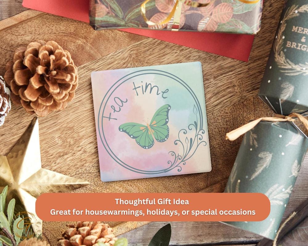 Elegant Square Stone Coasters with Tea Time & Butterfly Design