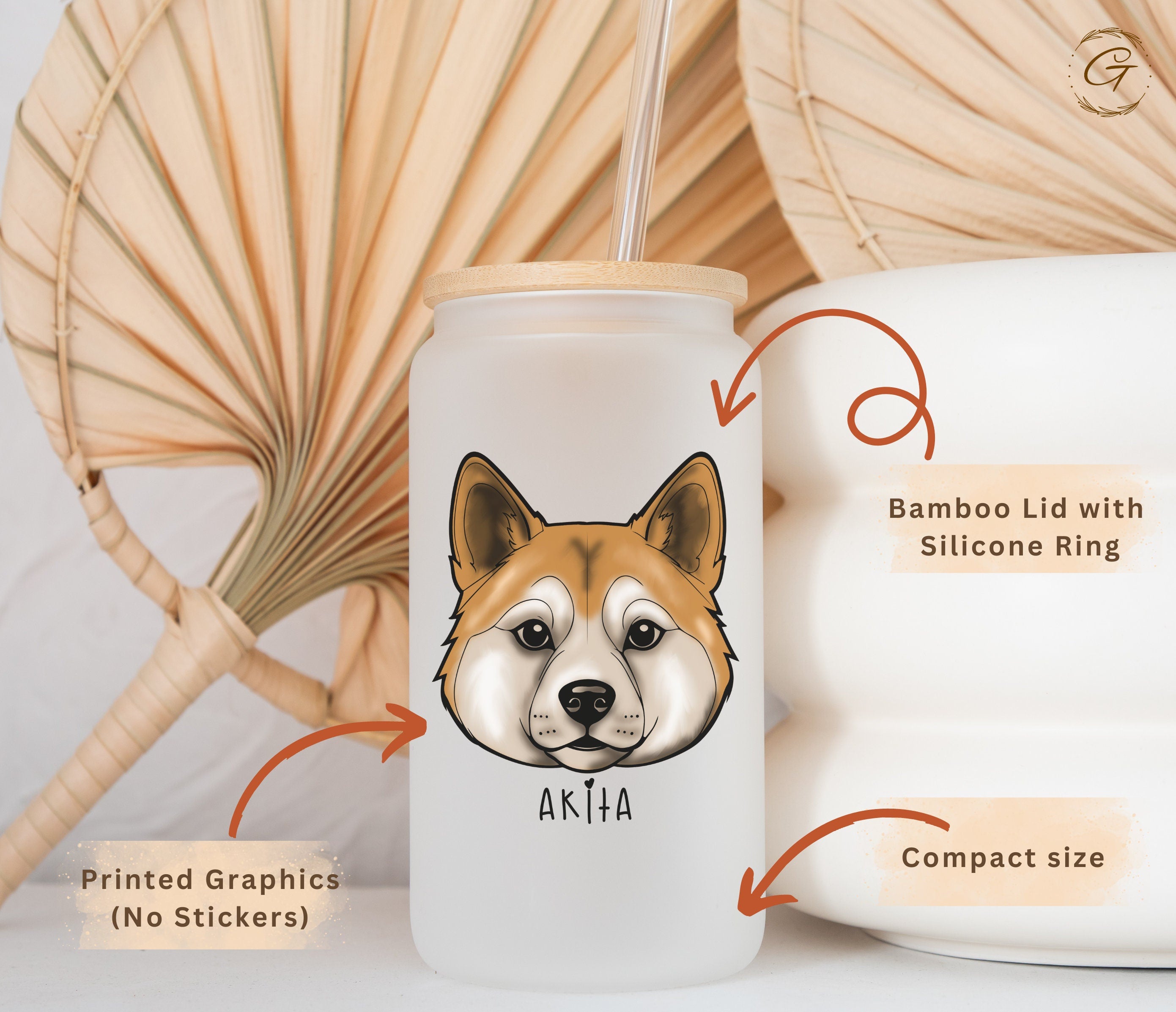 Akita Design Frosted Glass Tumbler with Personalized Name, Unique Dog Lover Gift Customized Drinkware for Dog Lover Gift Pet Lover Drinkware