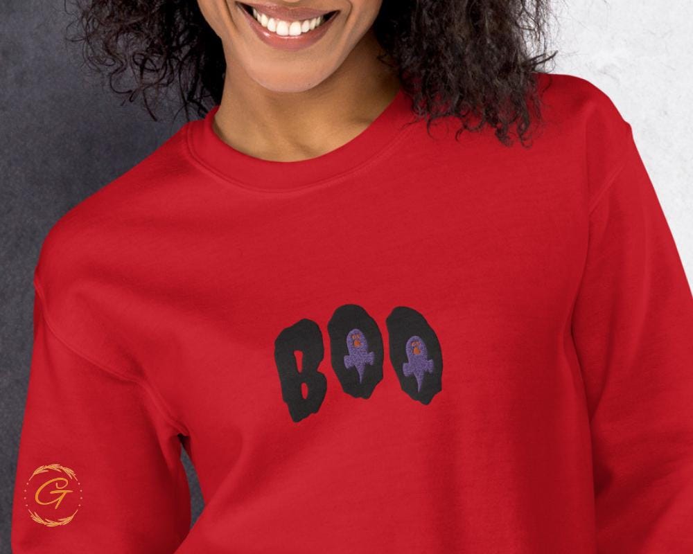 Halloween Sweatshirt, Embroidery Design Boo Spooky Pullover Halloween Crewneck Halloween Boo Long-Sleeve Top Cute Casual Sweater Warm-Up Top