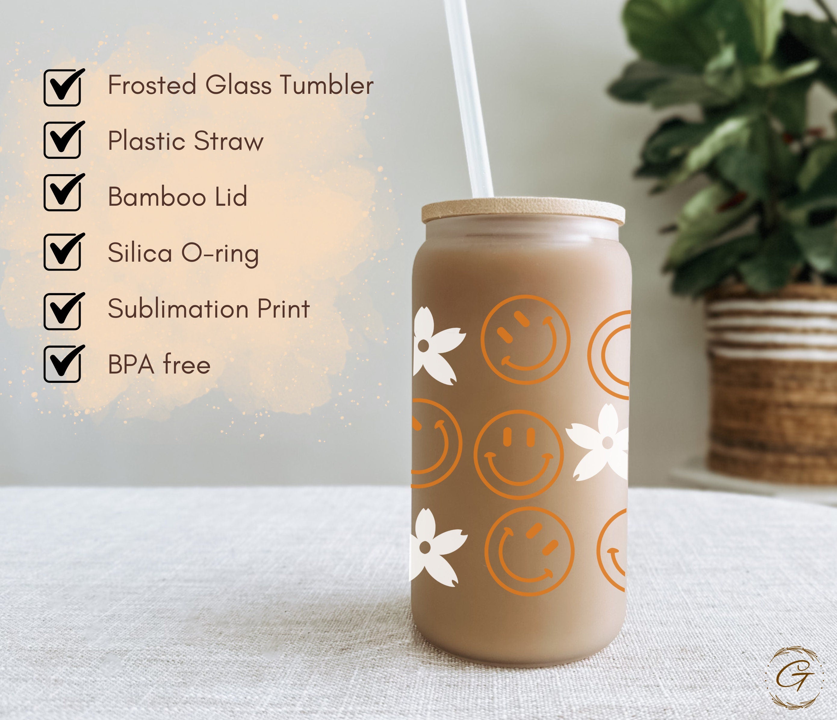 Trendy 16-oz Frosted Libbey Glass Cup with All-Over Smiley Floral Icons – Perfect for Drinks, Gifts For Her, Customizable Options Available