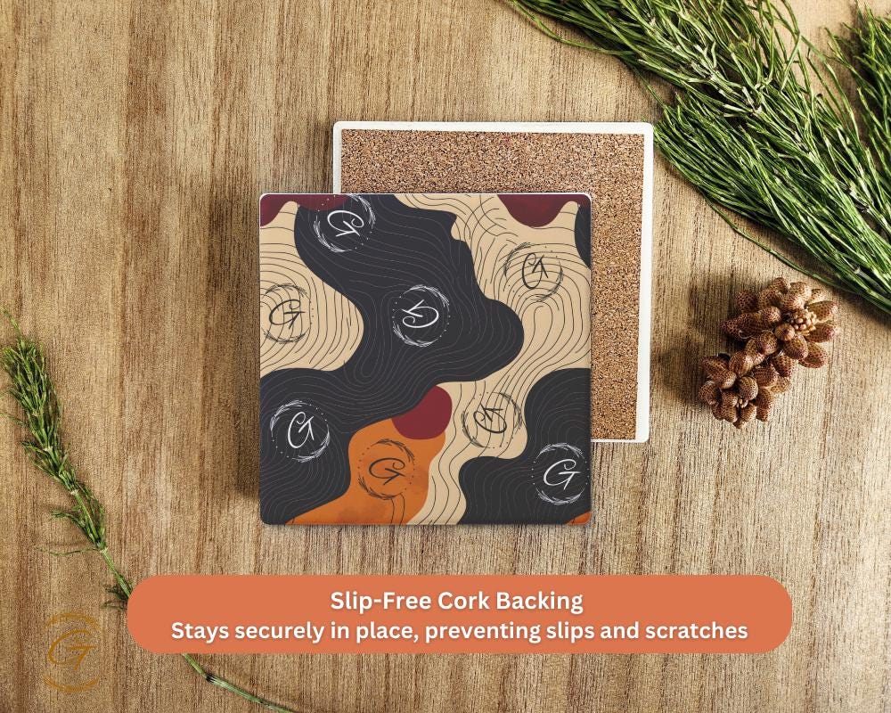 Soapstone Coaster Wave Line Design with Absorbent Cork Backing Square Stone Coasters Home Decor Gift for Coffee or Drinks Perfect for Tables
