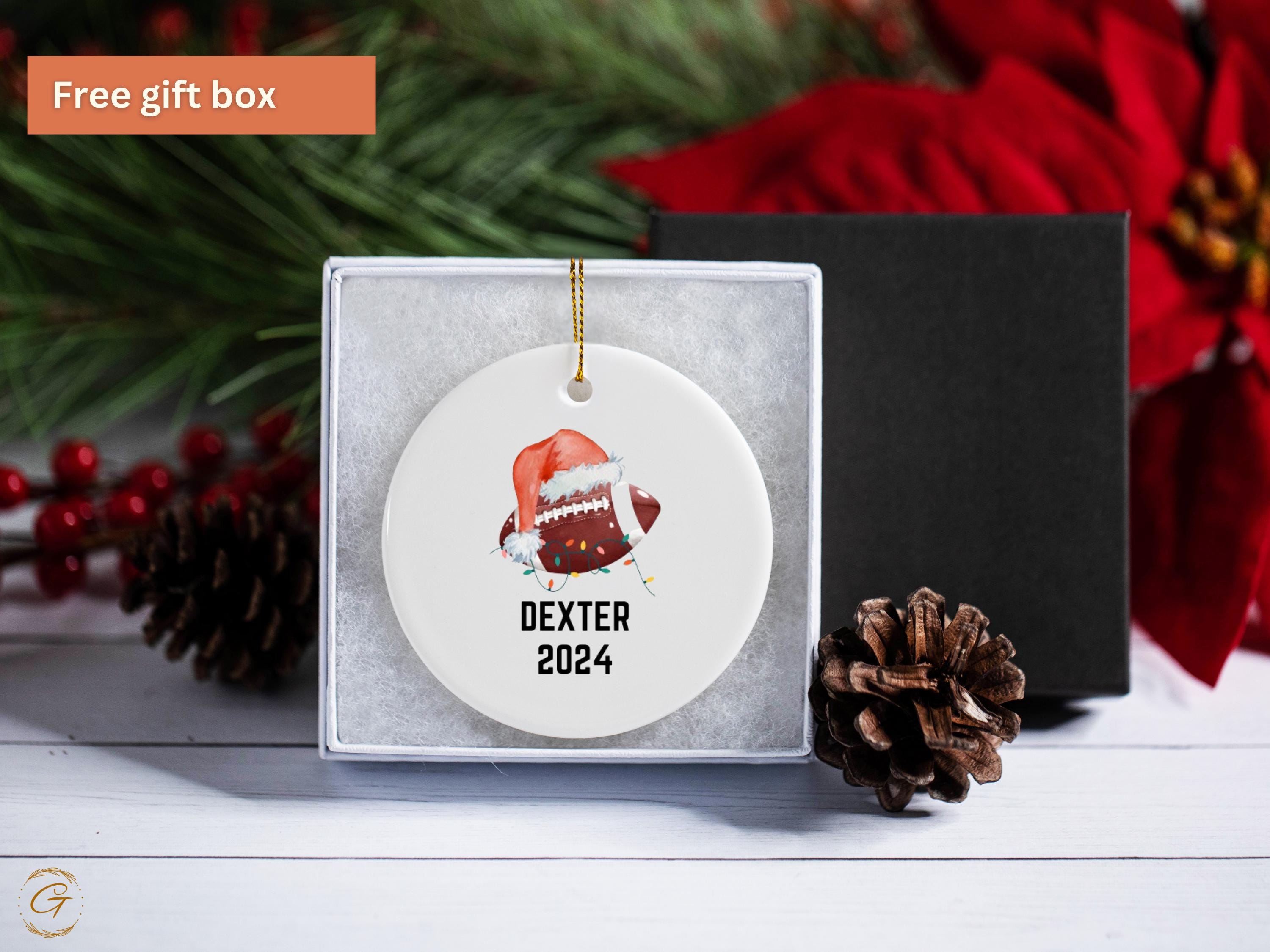 Personalized Football Christmas Ornament, Santa Hat Sports Ornament, Custom Name Year Decoration, Holiday Gift for Fans