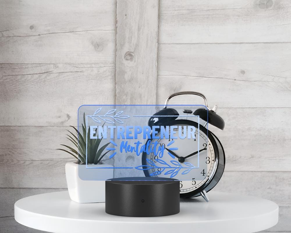 Entrepreneur Mentality Name Plate Acrylic LED Light, Motivational Sign, Custom LED Room Decor, Unique Gift for Entrepreneurs, Success Decor