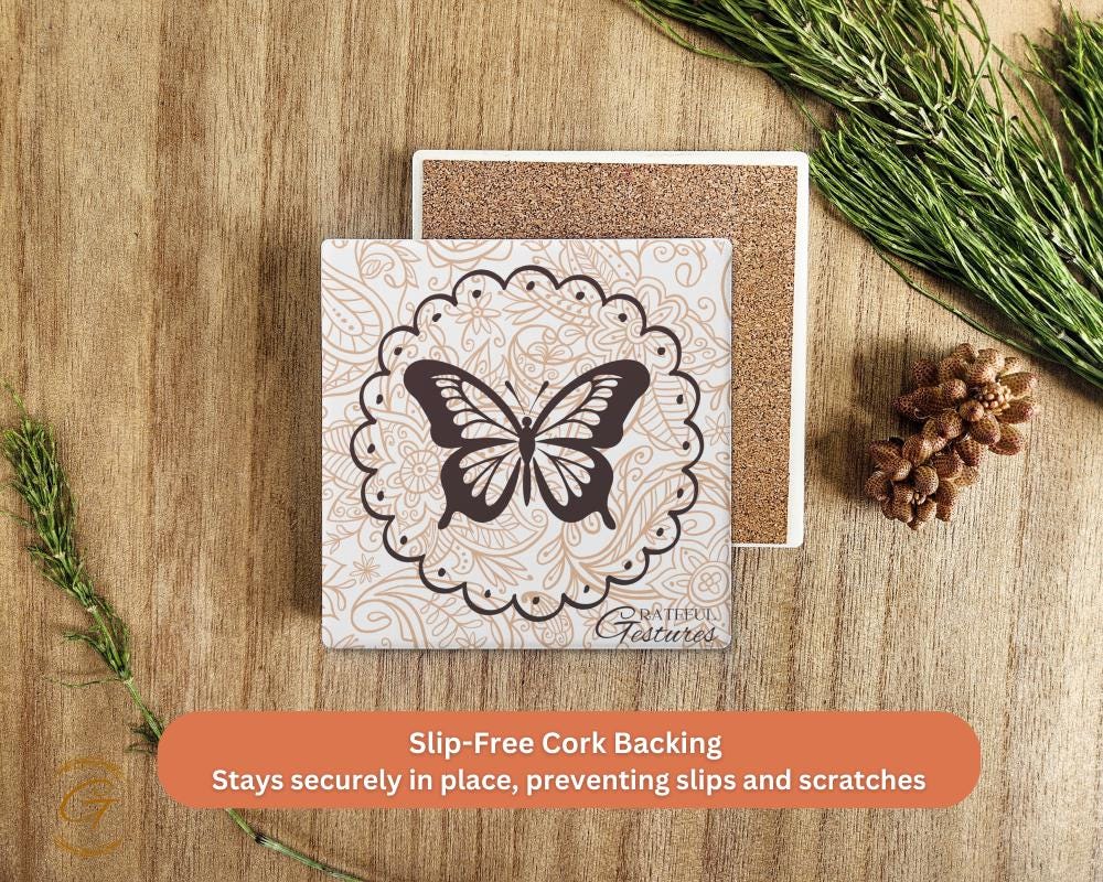 Soapstone Coaster with Butterfly Grateful Gestures Design with Durable Cork Backing, Unique Drink Coasters, Thoughtful Gift for Any Occasion