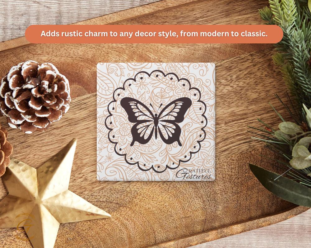 Soapstone Coaster with Butterfly Grateful Gestures Design with Durable Cork Backing, Unique Drink Coasters, Thoughtful Gift for Any Occasion