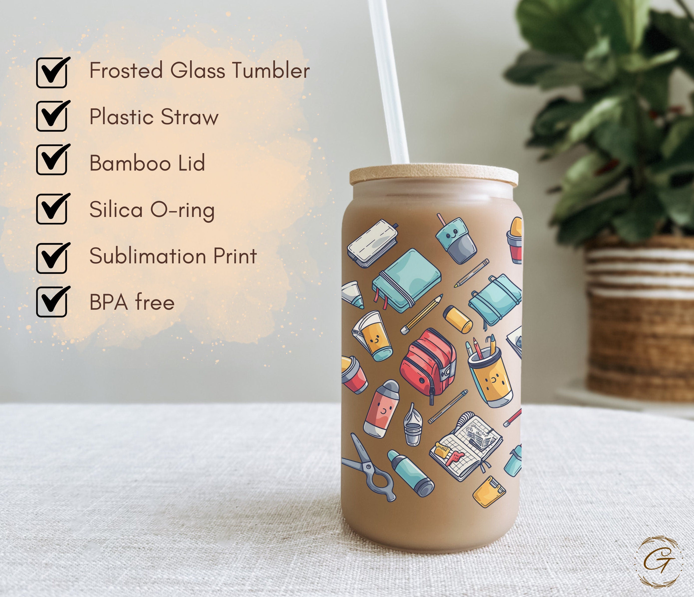 School Supplies Pattern Frosted Glass Cup