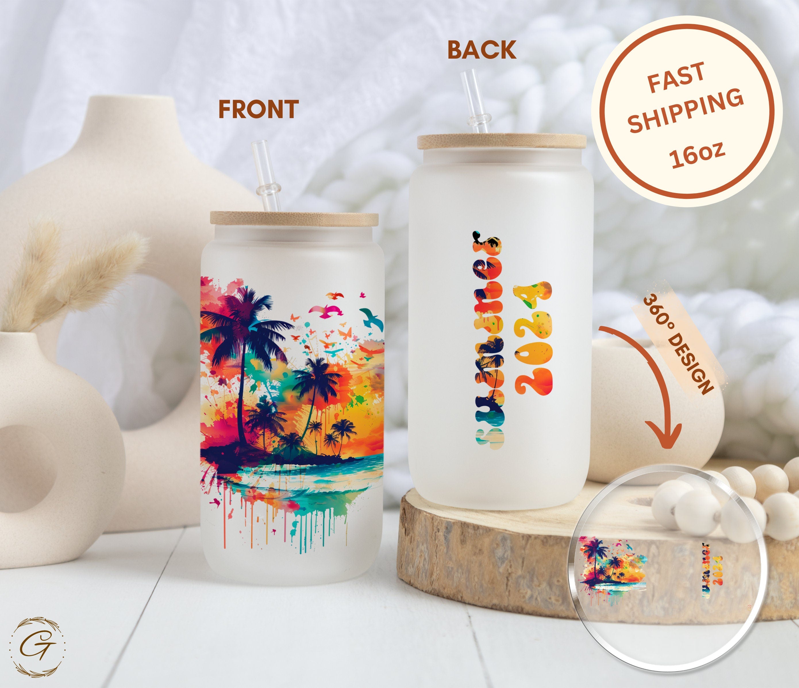 Tropical Beach Sunset Art Summer 2024 Colorful Palm Trees Print Frosted Glass Cup