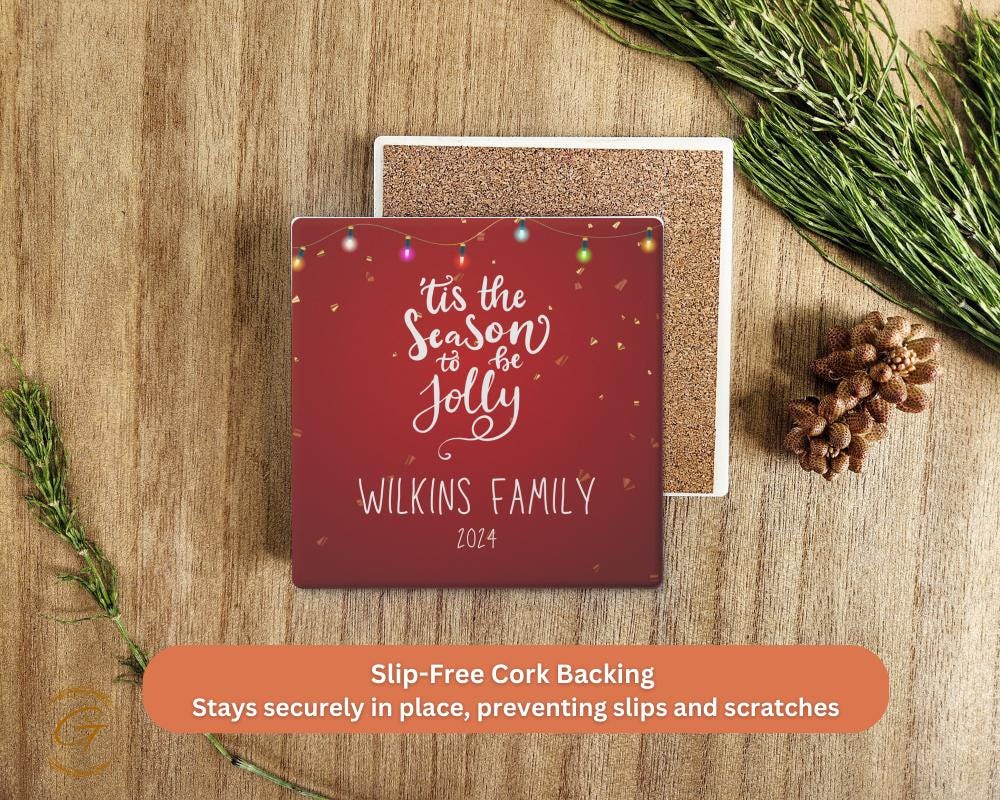 Personalized Christmas Soapstone Coaster with Custom Name Design, Holiday Drink Holder with Cork Backing, Perfect Gift for Family & Friends