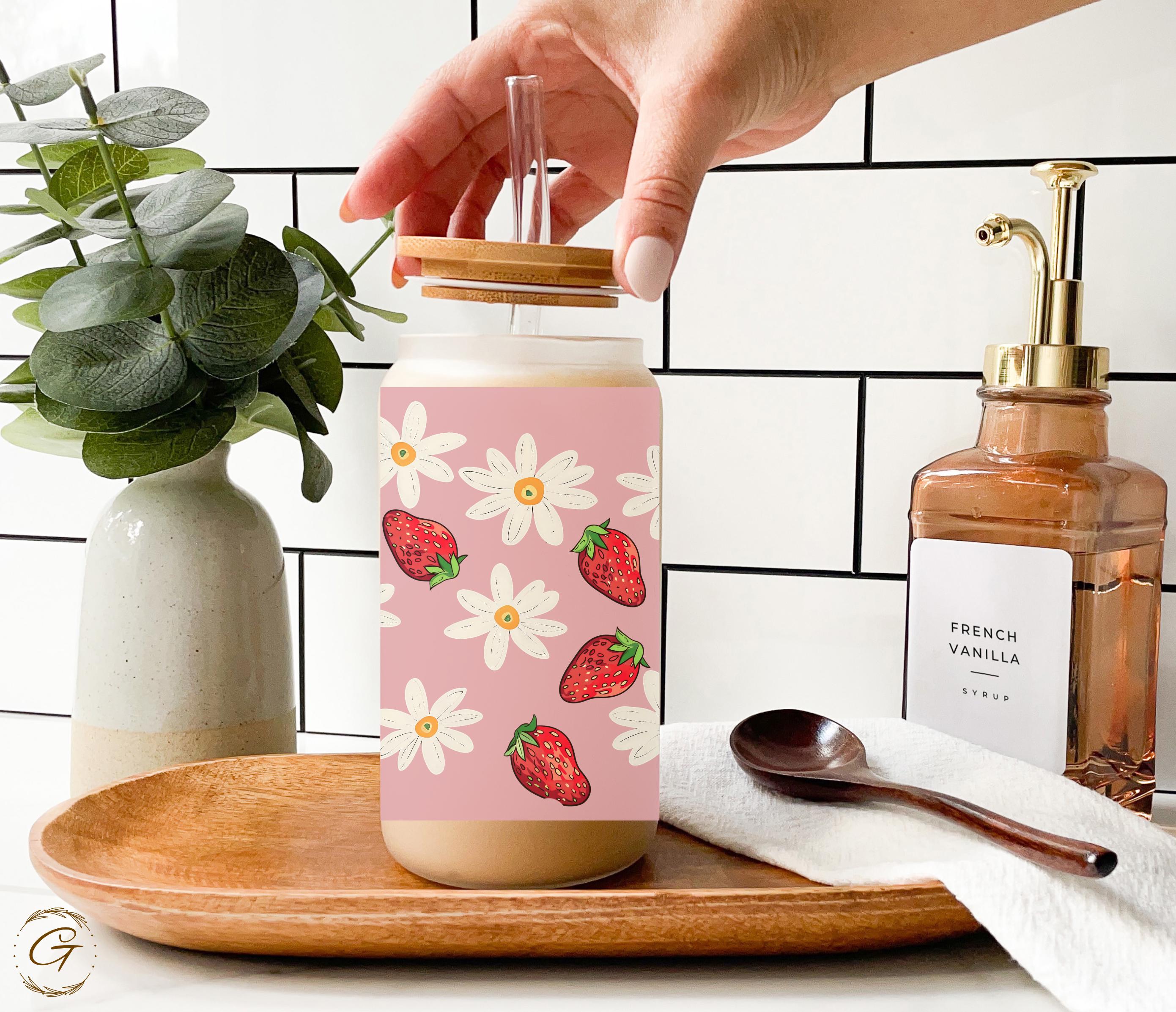 Strawberry and Daisy Design Frosted Glass Cup