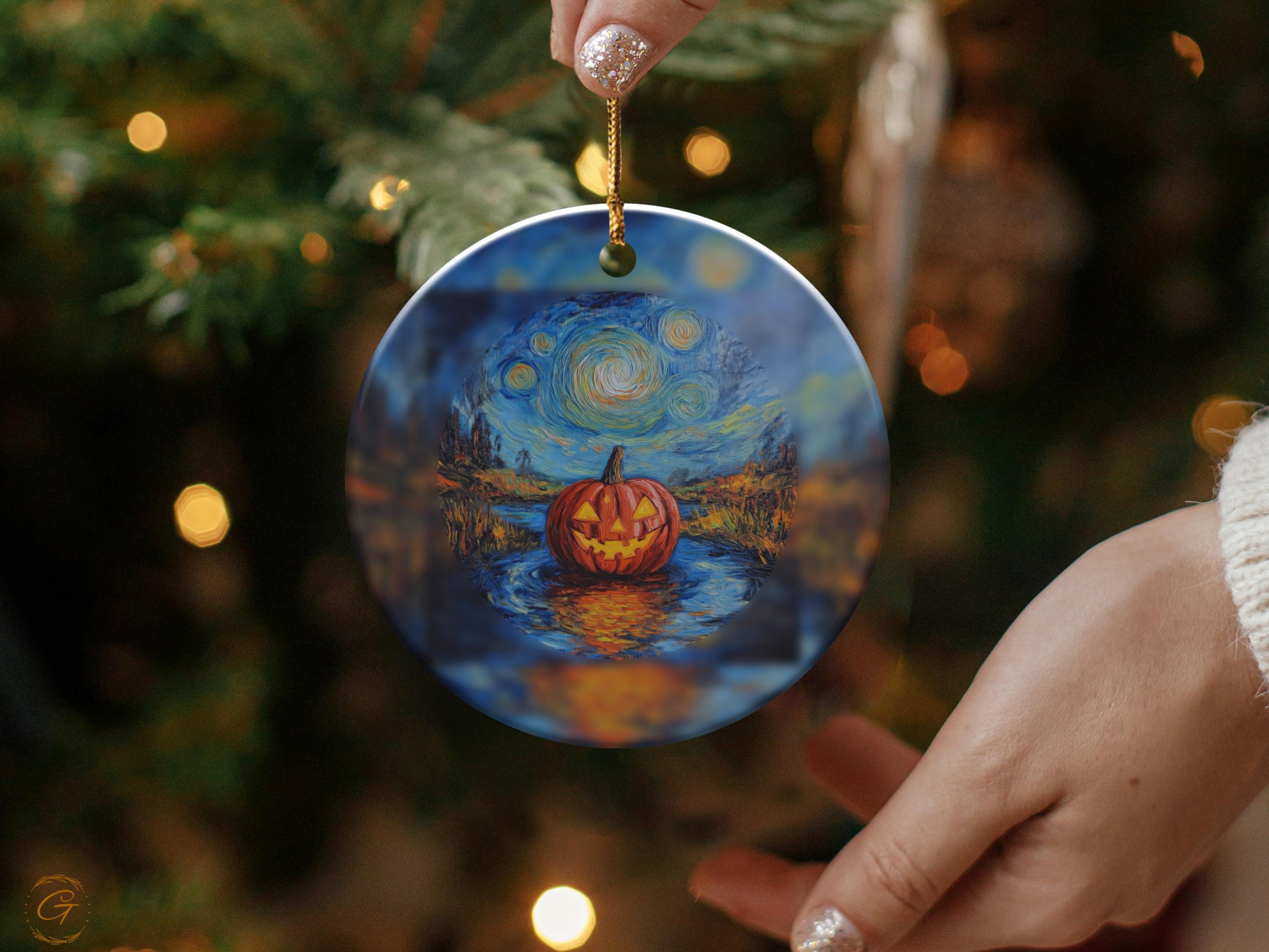 Halloween Pumpkin Ornament, Starry Night Design, Unique Holiday Decoration, Hand-painted Pumpkin Art Ornament Halloween Ornament Decoration