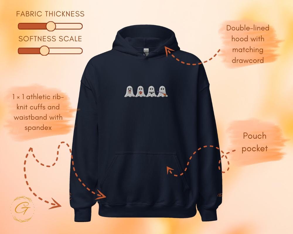 Halloween Ghosts Hoodie,Embroidery Design Four Boos Graphic Hooded Sweatshirt Spooky Season Hooded Pullover Spooky Ghost Warm-Up Top Sweater