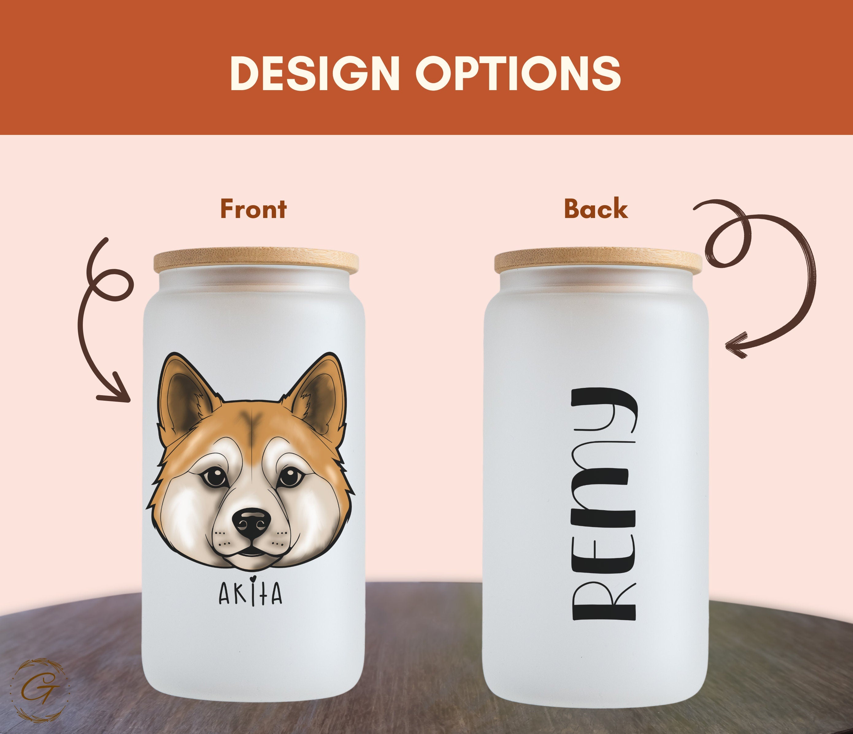 Akita Design Frosted Glass Tumbler with Personalized Name, Unique Dog Lover Gift Customized Drinkware for Dog Lover Gift Pet Lover Drinkware
