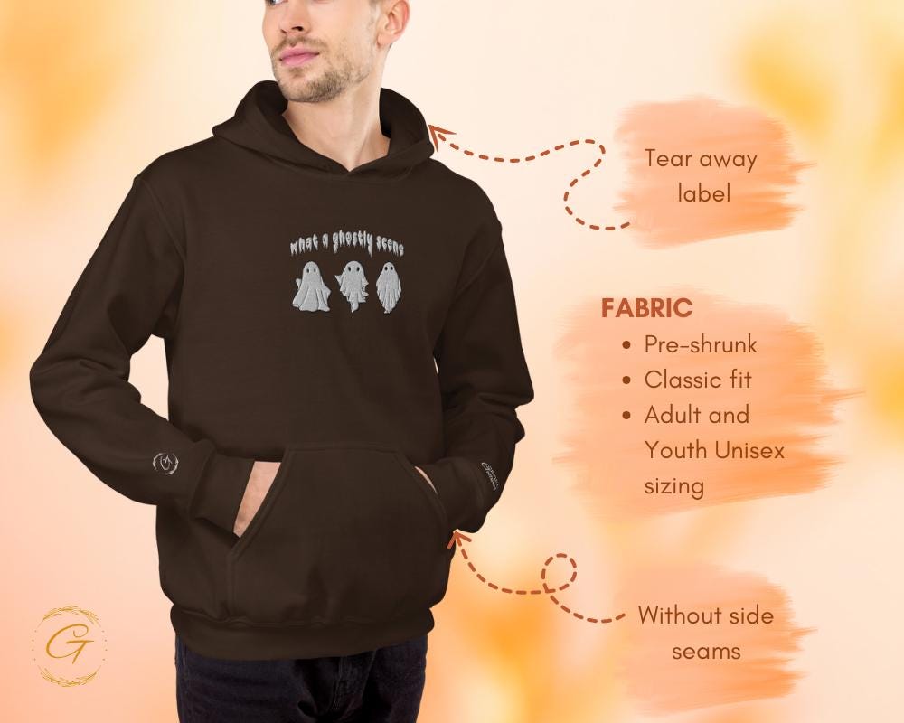 Halloween Hoodie, Embroidery Design Hooded Sweater, Cute Ghost Pullover Hoodie, Cozy Halloween Hooded Sweatshirt, Spooky Season Warm-up Top