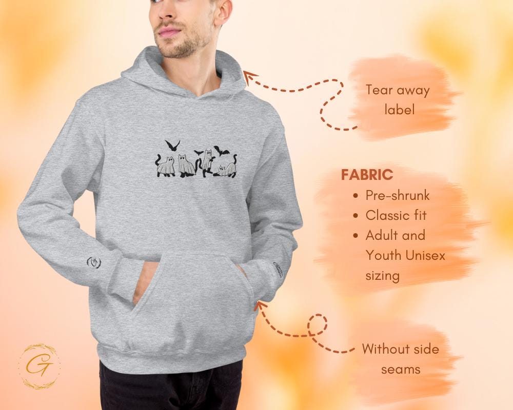 Halloween Hoodie, Cute Embroidery Cats Ghost Hoodie, Spooky Hooded Sweatshirt Spooky Ghost Cats Design Hooded Pullover Hooded Top for Fall