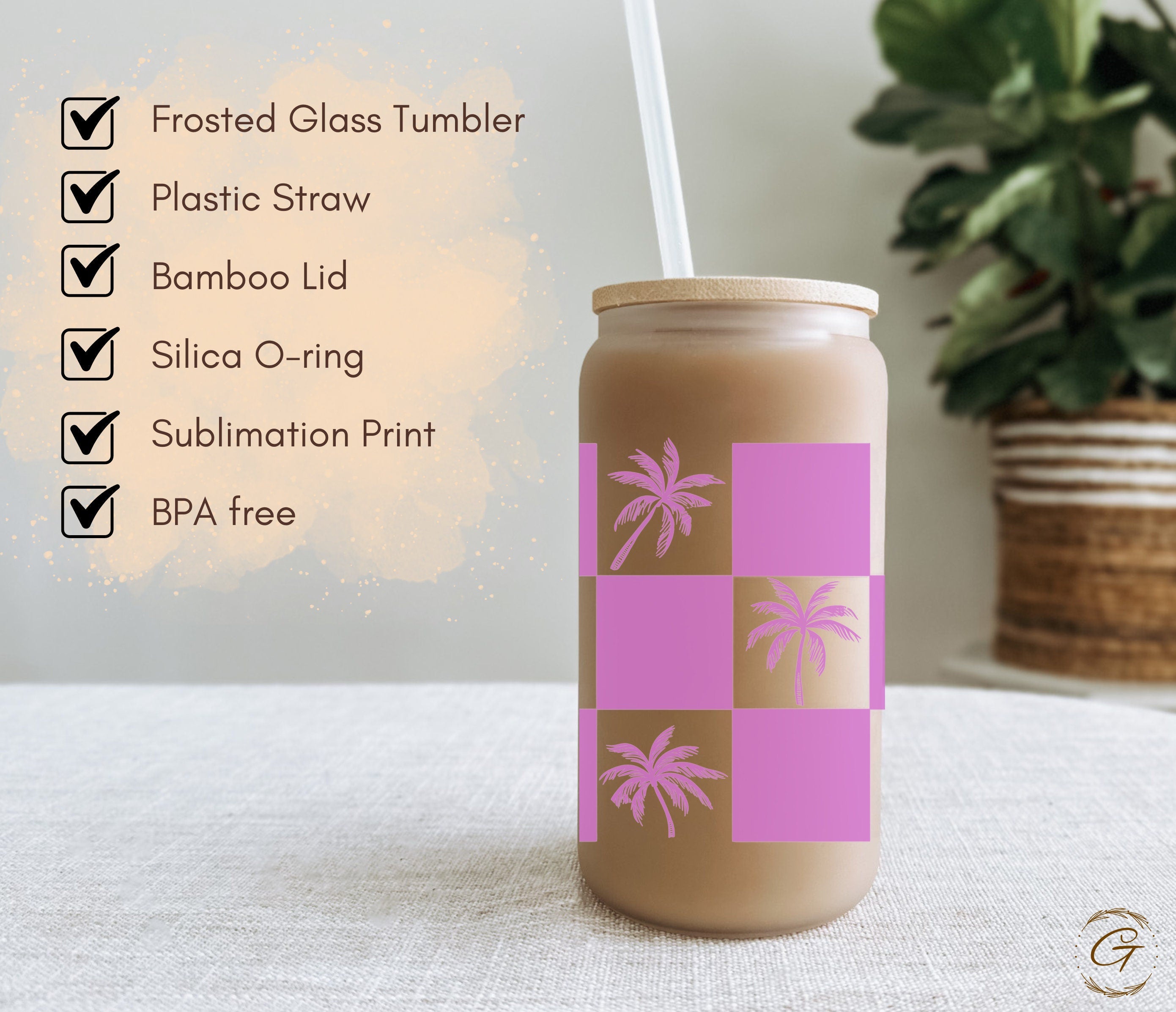 Summer Checkered Palm Tree Frosted Libbey Cup 16oz