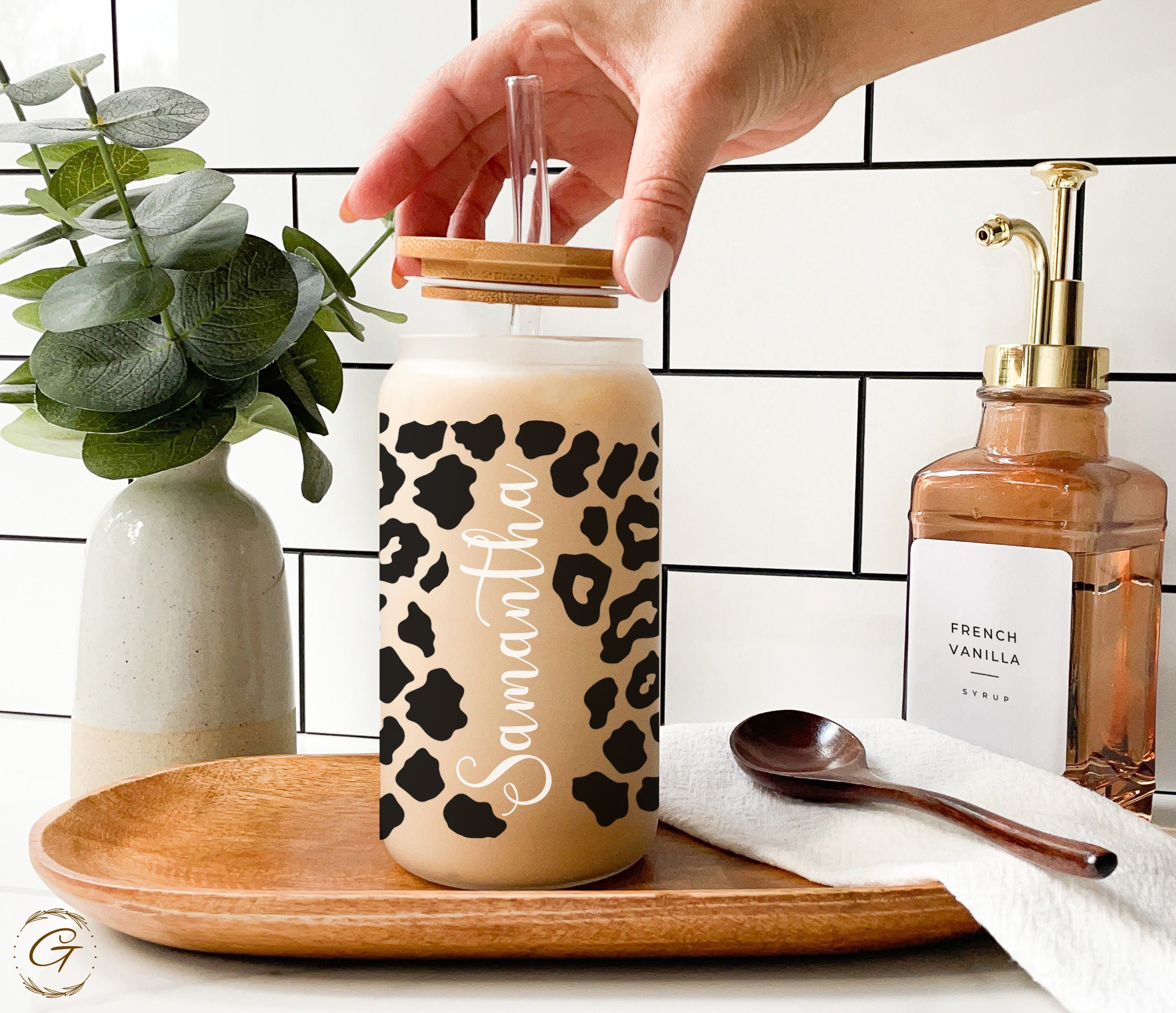 Custom Name Leopard Print Frosted Glass Tumbler