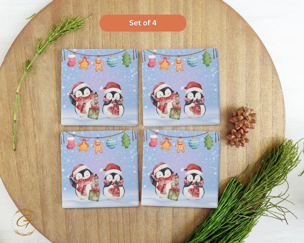 Soapstone Coaster Christmas Penguins Design