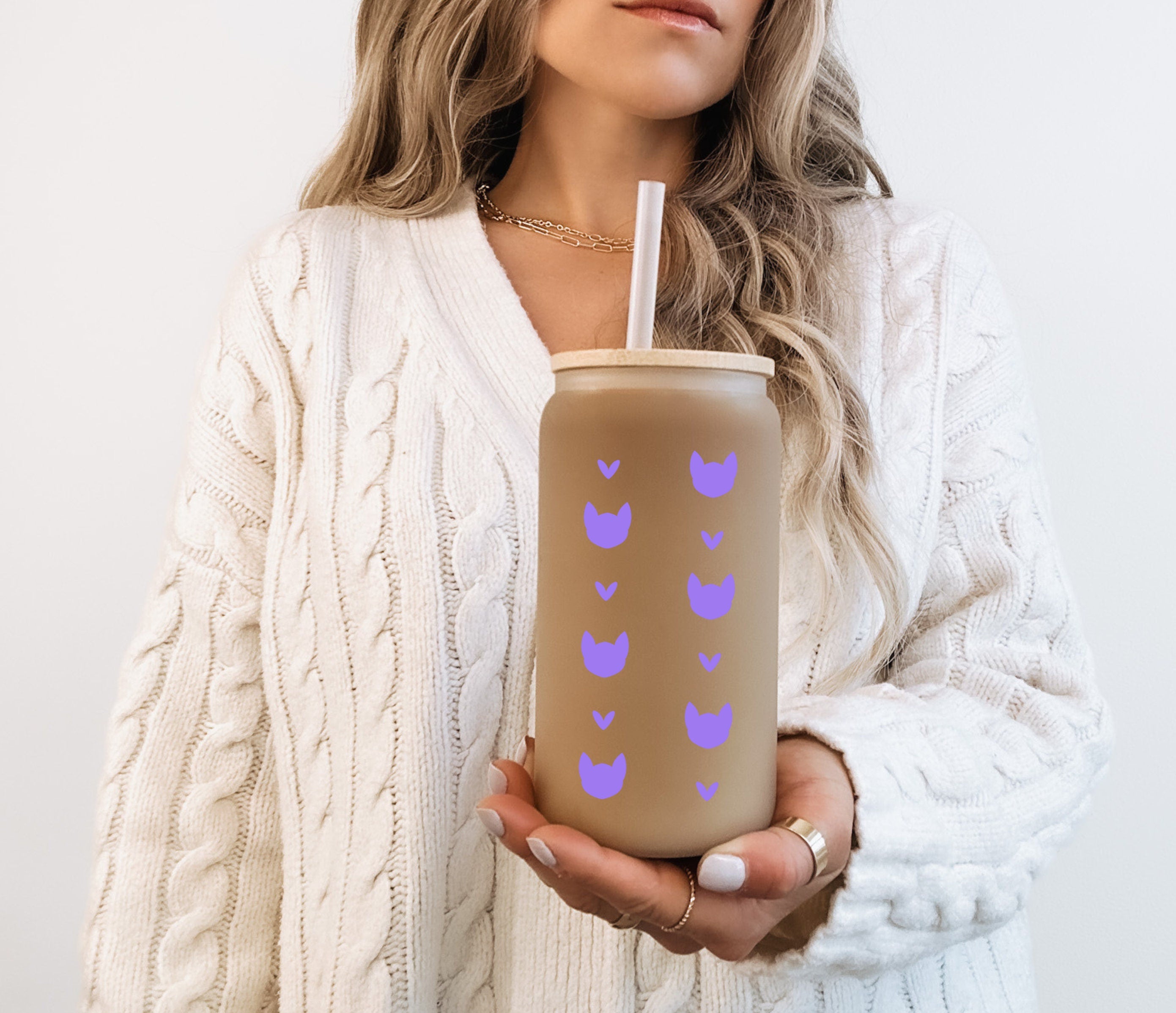 Cat & Heart Mint Frosted Glass Cup Cat Lover Frosted Cup