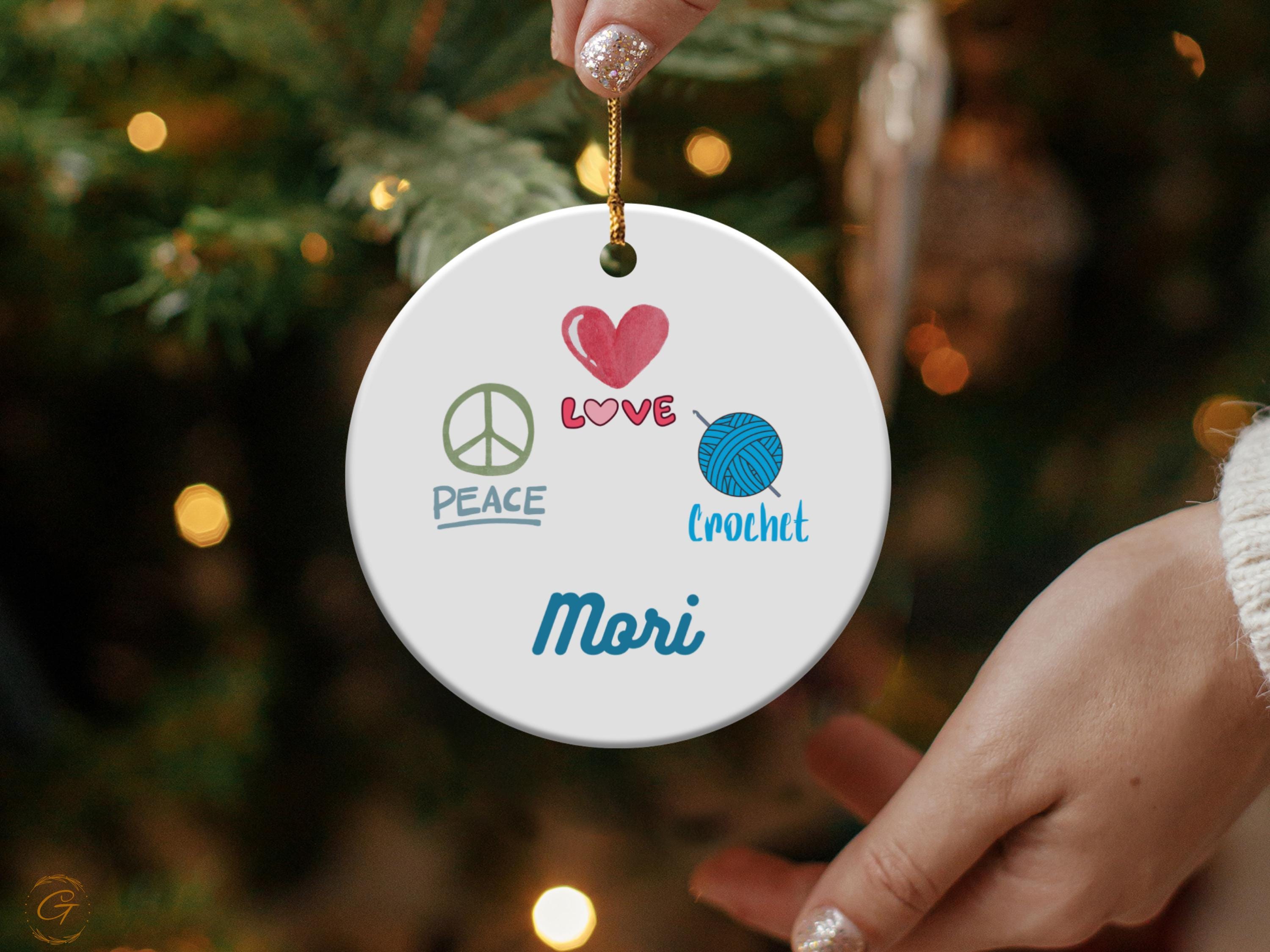 Personalized Peace Love Crochet Hobby Ornament, Cute Heart Crochet Ornament, Peace Symbol Ornament, Personalized Handcrafted Gift