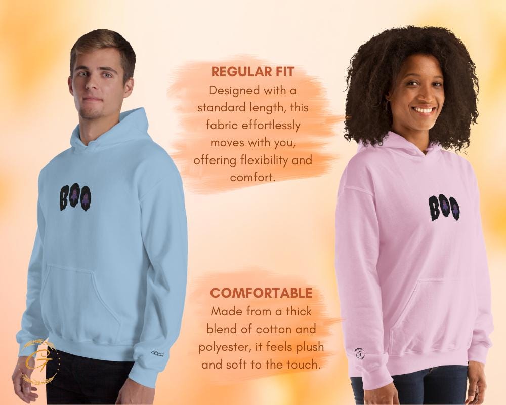 Halloween Boo Hoodie, Embroidery Ghost Design Hooded Pullover Spooky Sweatshirt, Ghostly Hooded Top Halloween Pullover with Hood, Boo Hoodie
