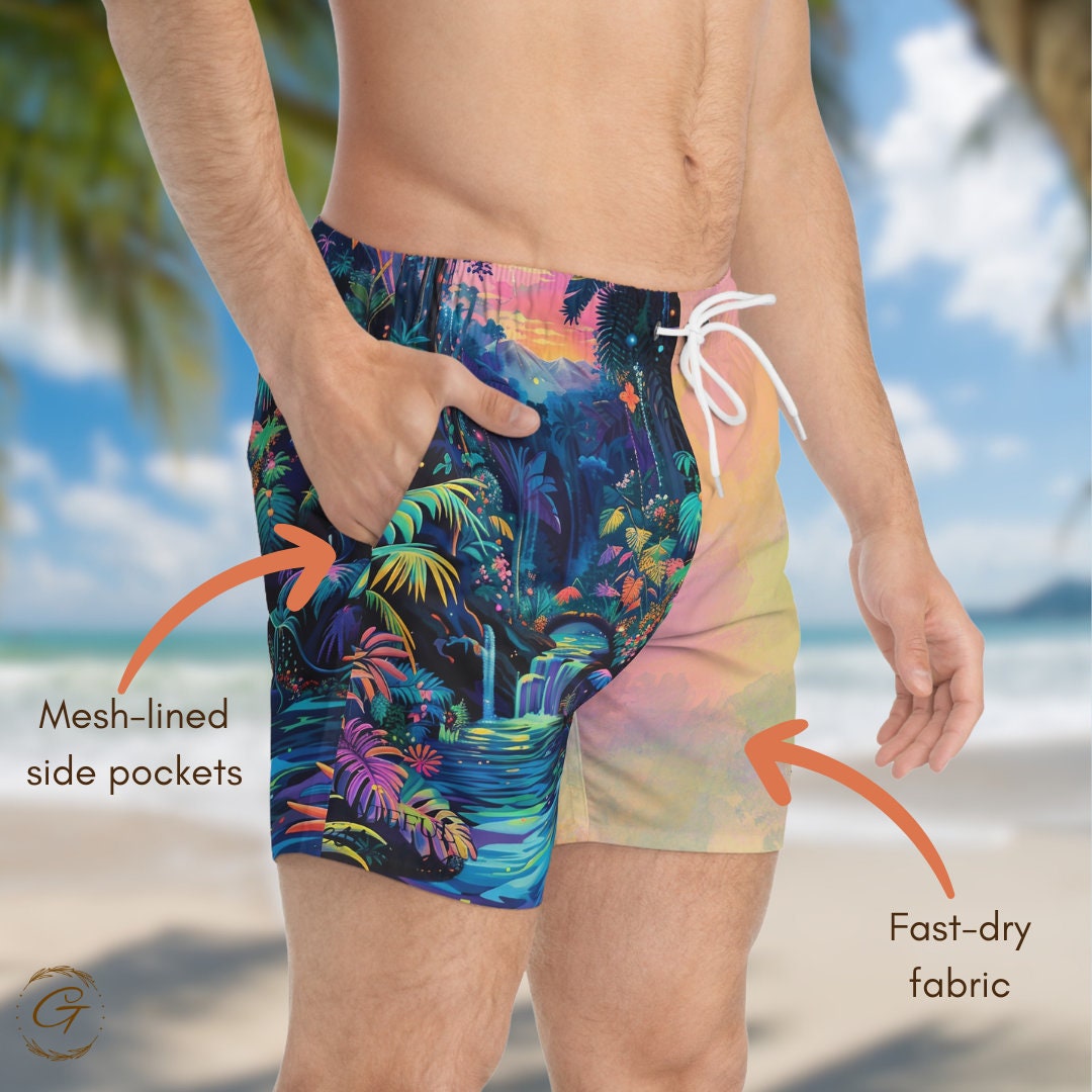 Rain Forest Swim Trunks, Vibrant AOP Design