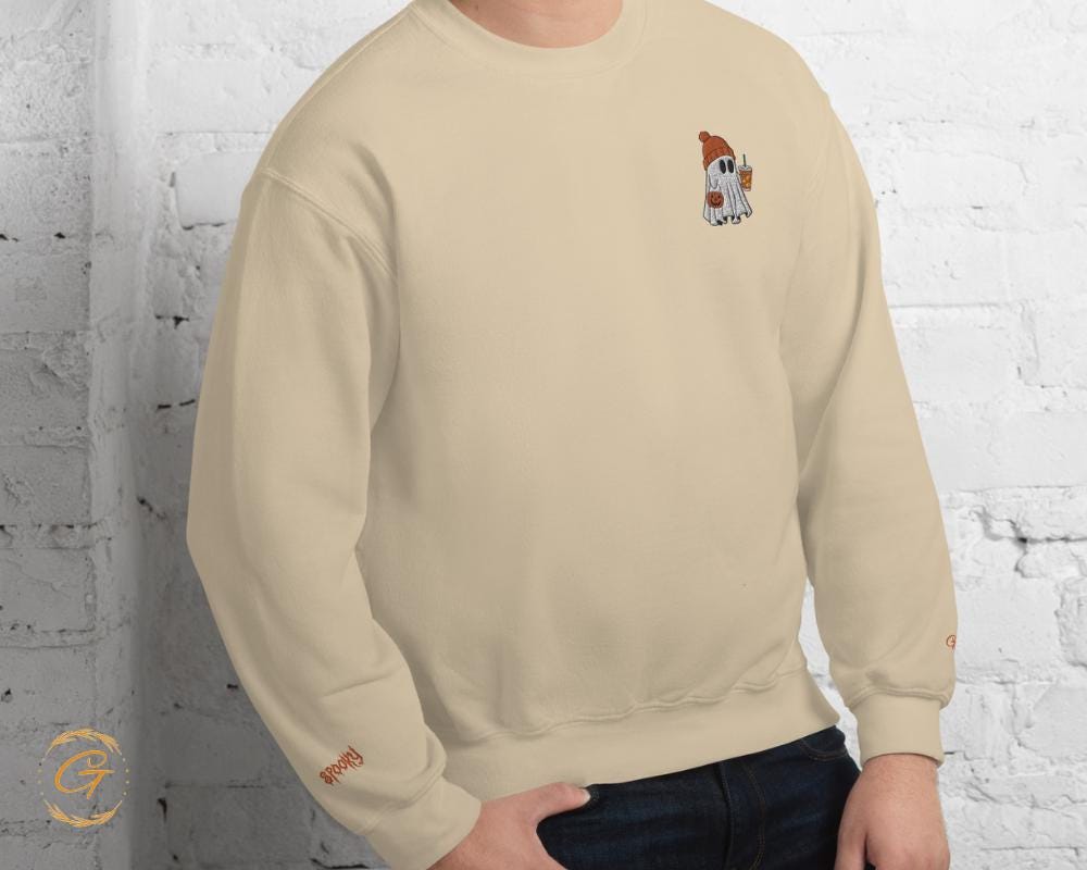 Halloween Ghost Sweatshirt, Spooky Iced Coffee Ghost Pullover Halloween Casual Crewneck, Long-Sleeve Ghost Top Pumpkin Ghost Warm-Up Sweater