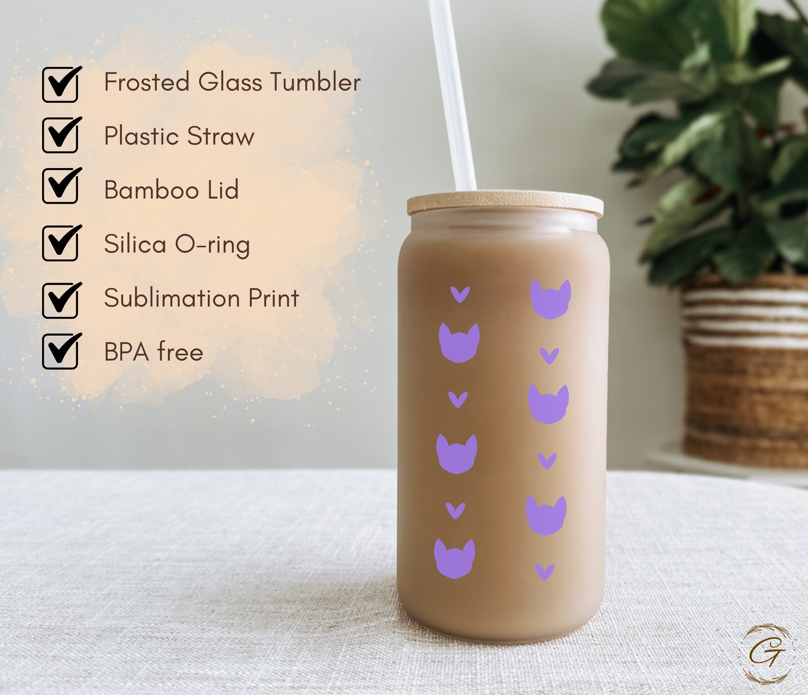 Cat & Heart Mint Frosted Glass Cup Cat Lover Frosted Cup