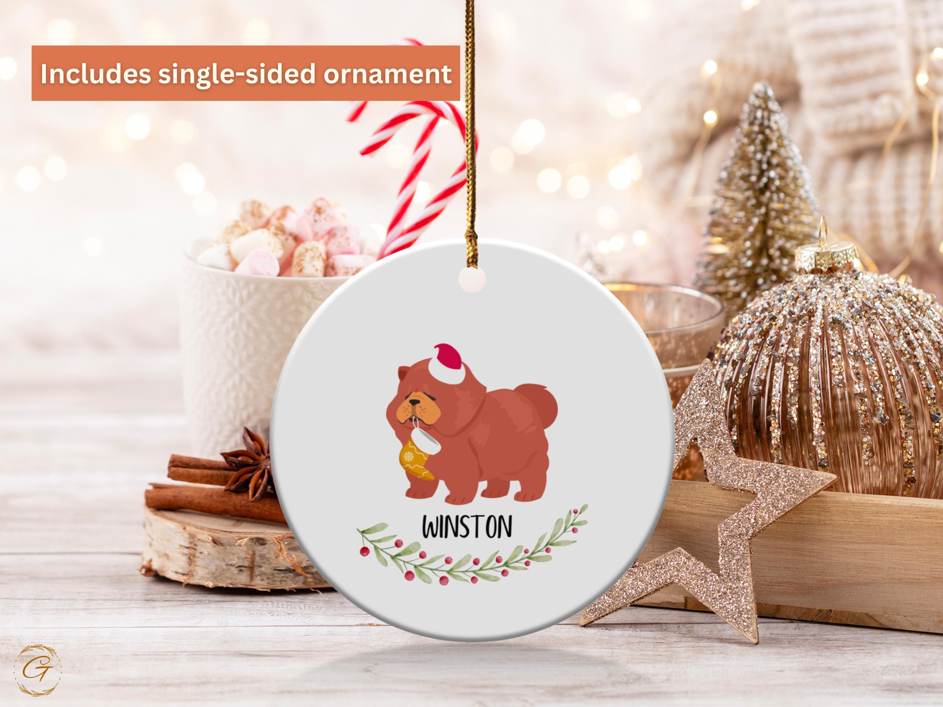 Personalised Cute Dog Christmas Ornament, Red Chow Chow Dog with Santa Hat Stocking Animal Tree Decorations, Holiday Gift Keepsake Pet Lover