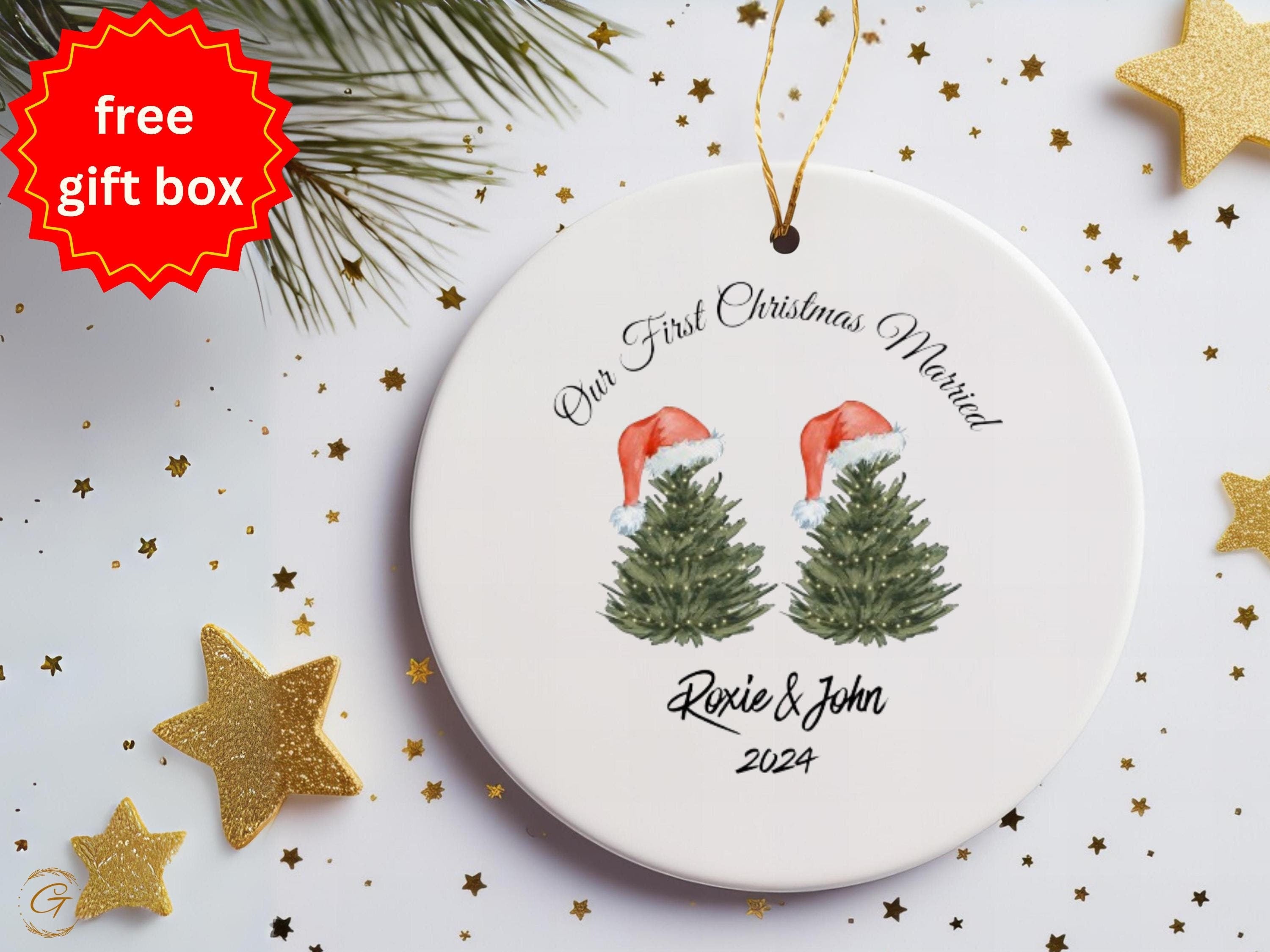 Personalized First Christmas Married Ornament, Anniversary Keepsake Gift, Christmas Tree Design with Santa Hats 24 Edition, Holiday Keepsake