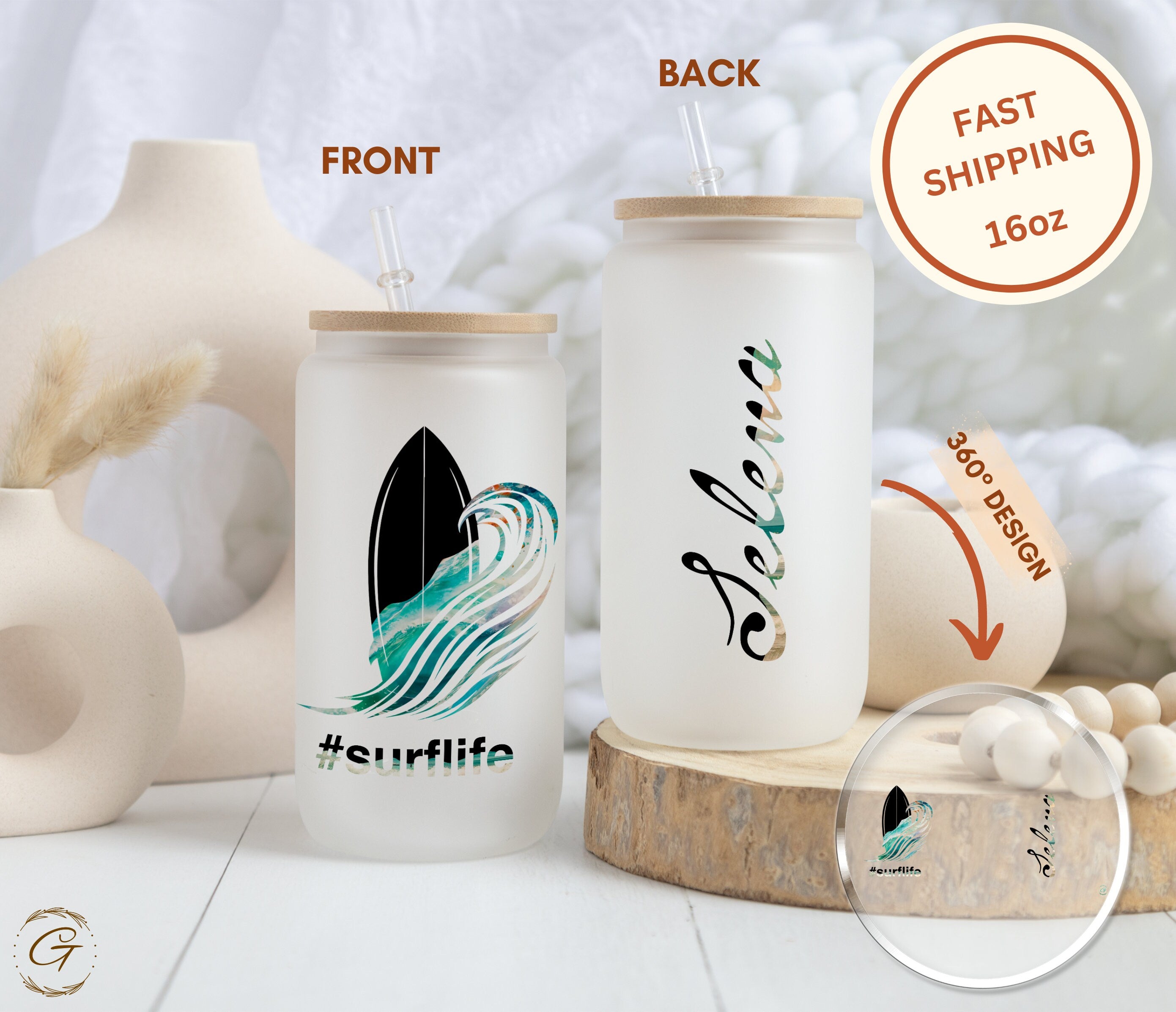 Surf Life Design Frosted Glass Cup, Personalized Beach Waves Libbey Cup