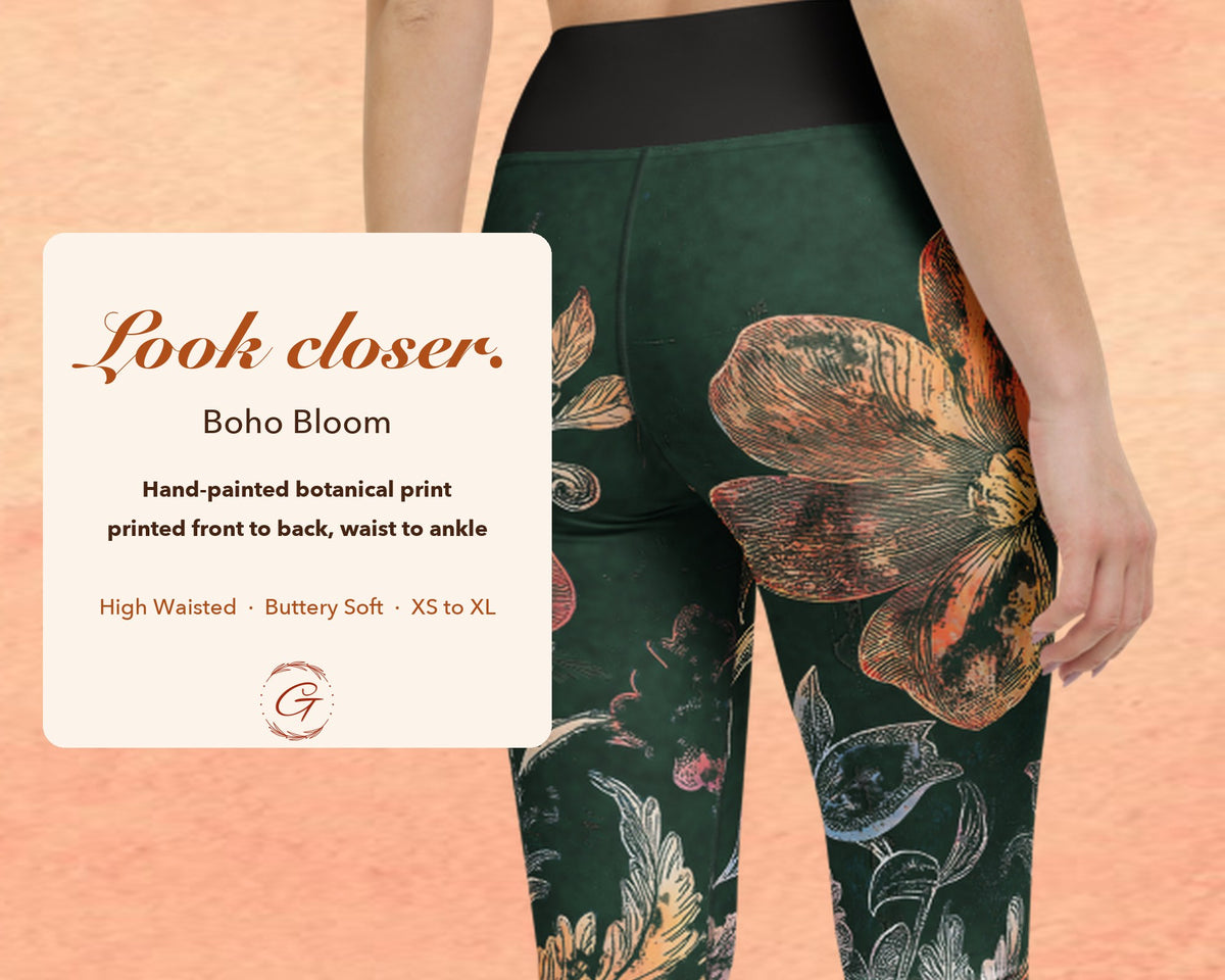 Forest Green Boho Floral Leggings for Women, Peach Flower Yoga Pants, High Waisted Workout Leggings, Botanical Print Gift for Her