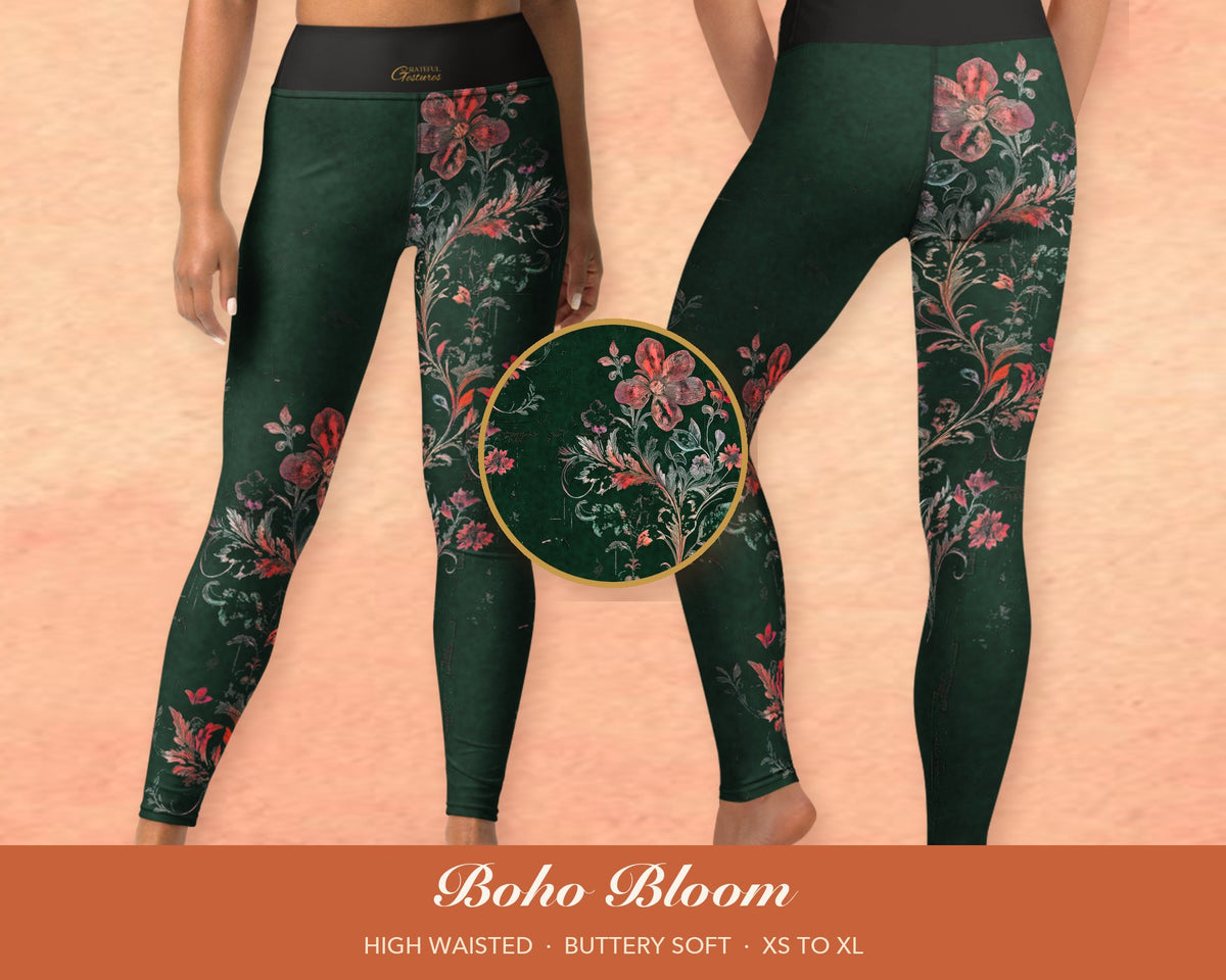 Christmas Green Boho Floral Leggings for Women, Red Flower Yoga Pants, High Waisted Workout Leggings, Botanical Print Gift for Her