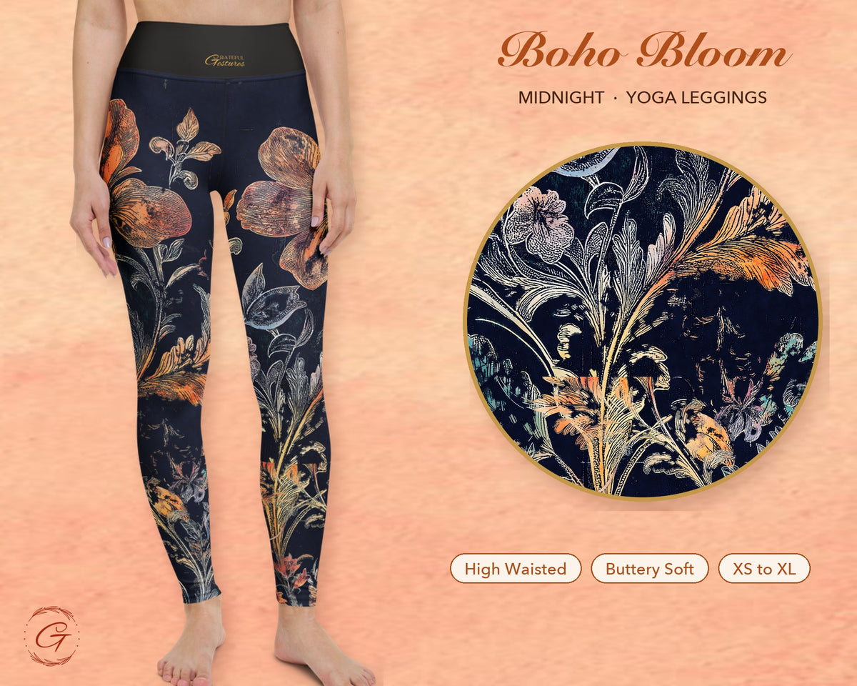 Midnight Blue Boho Floral Leggings for Women, Gold Flower Yoga Pants, High Waisted Workout Leggings, Botanical Print Gift for Her