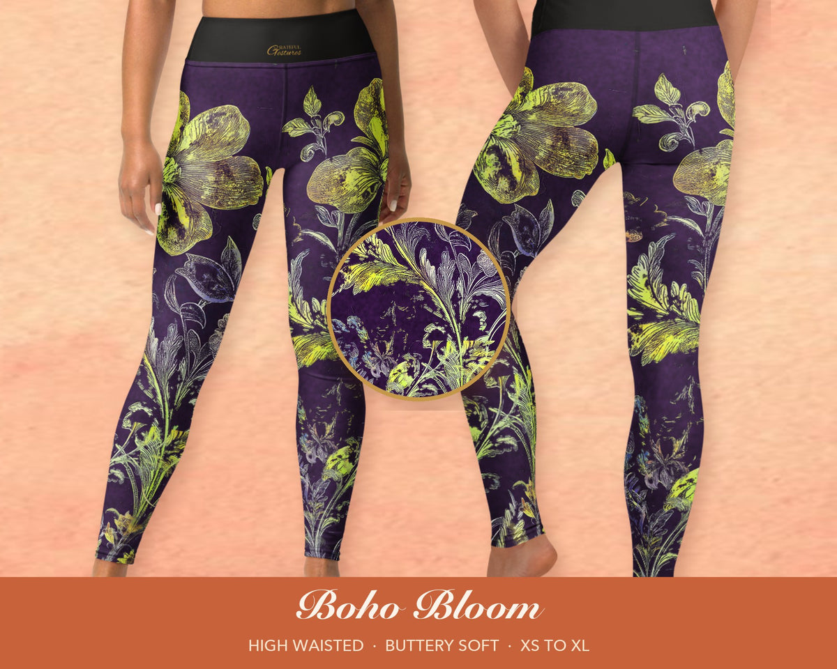 Purple Boho Floral Leggings for Women, Gold Flower Yoga Pants, High Waisted Workout Leggings, Botanical Print Gift for Her